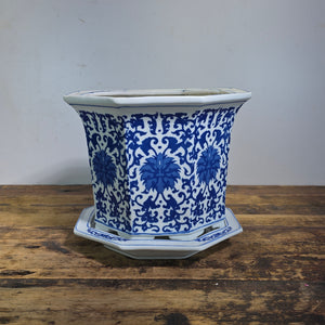 Vintage Chinoiserie Blue White Porcelain Octagonal Flower Pot Planter Jingdezhen
