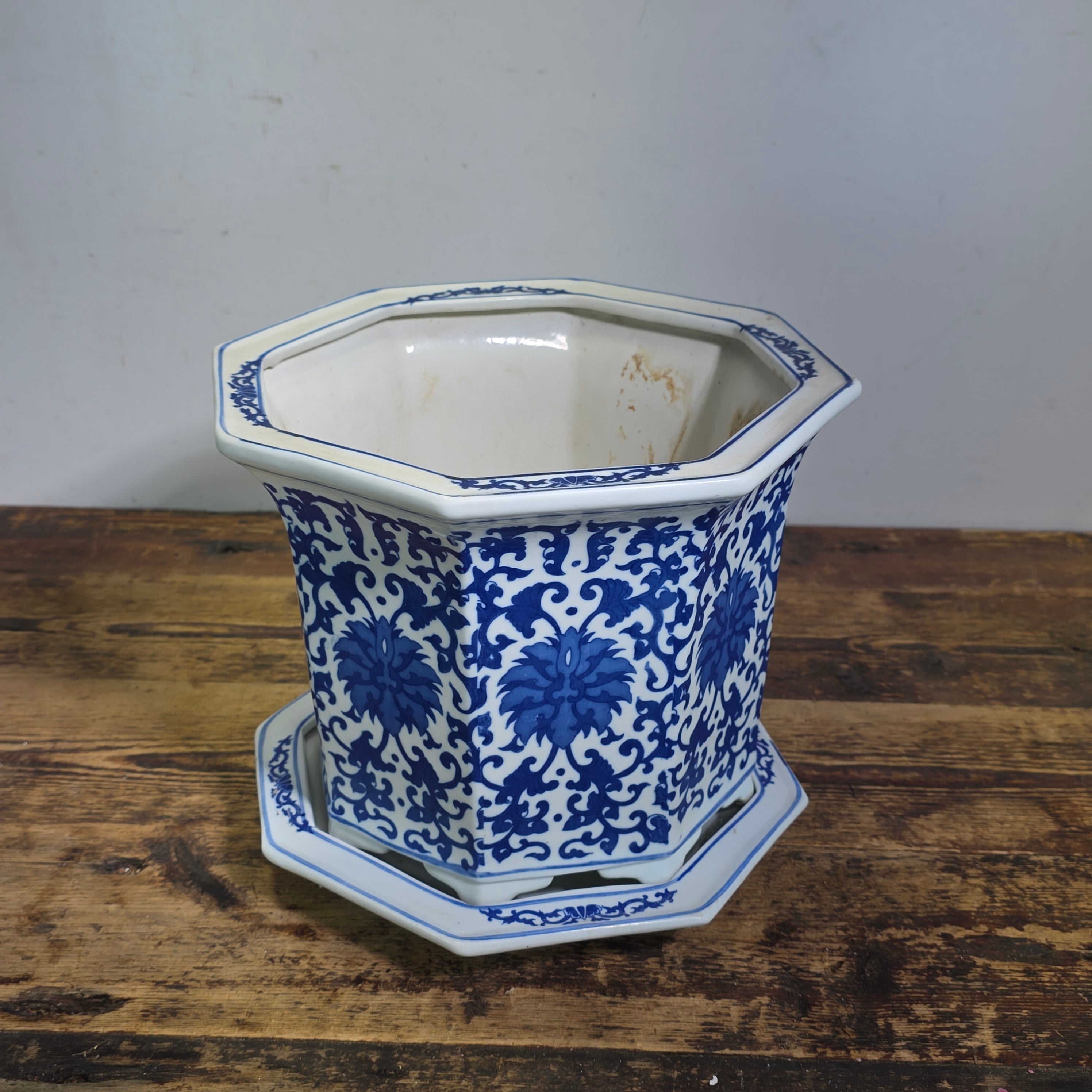 Vintage Chinoiserie Blue White Porcelain Octagonal Flower Pot Planter Jingdezhen