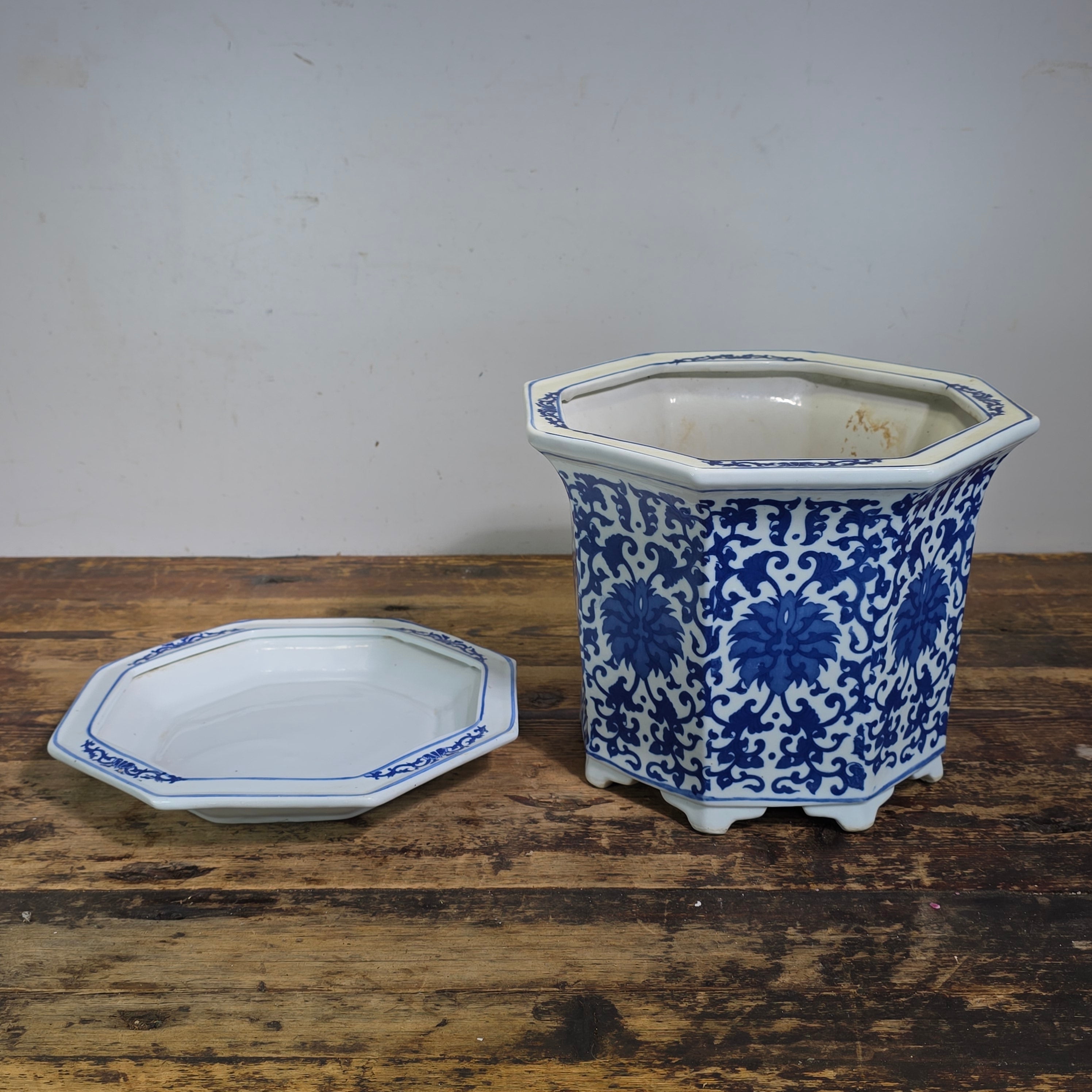 Vintage Chinoiserie Blue White Porcelain Octagonal Flower Pot Planter Jingdezhen