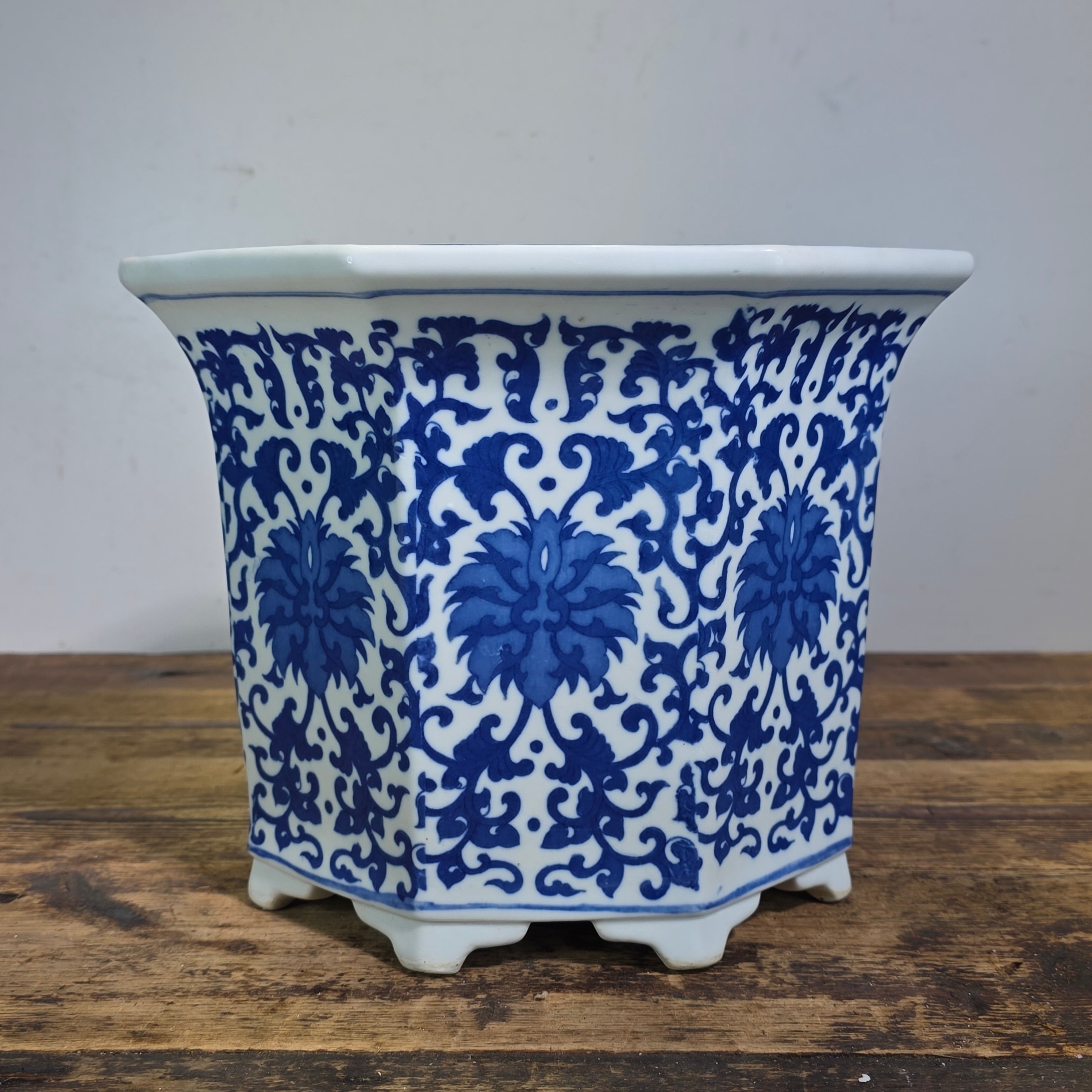 Vintage Chinoiserie Blue White Porcelain Octagonal Flower Pot Planter Jingdezhen