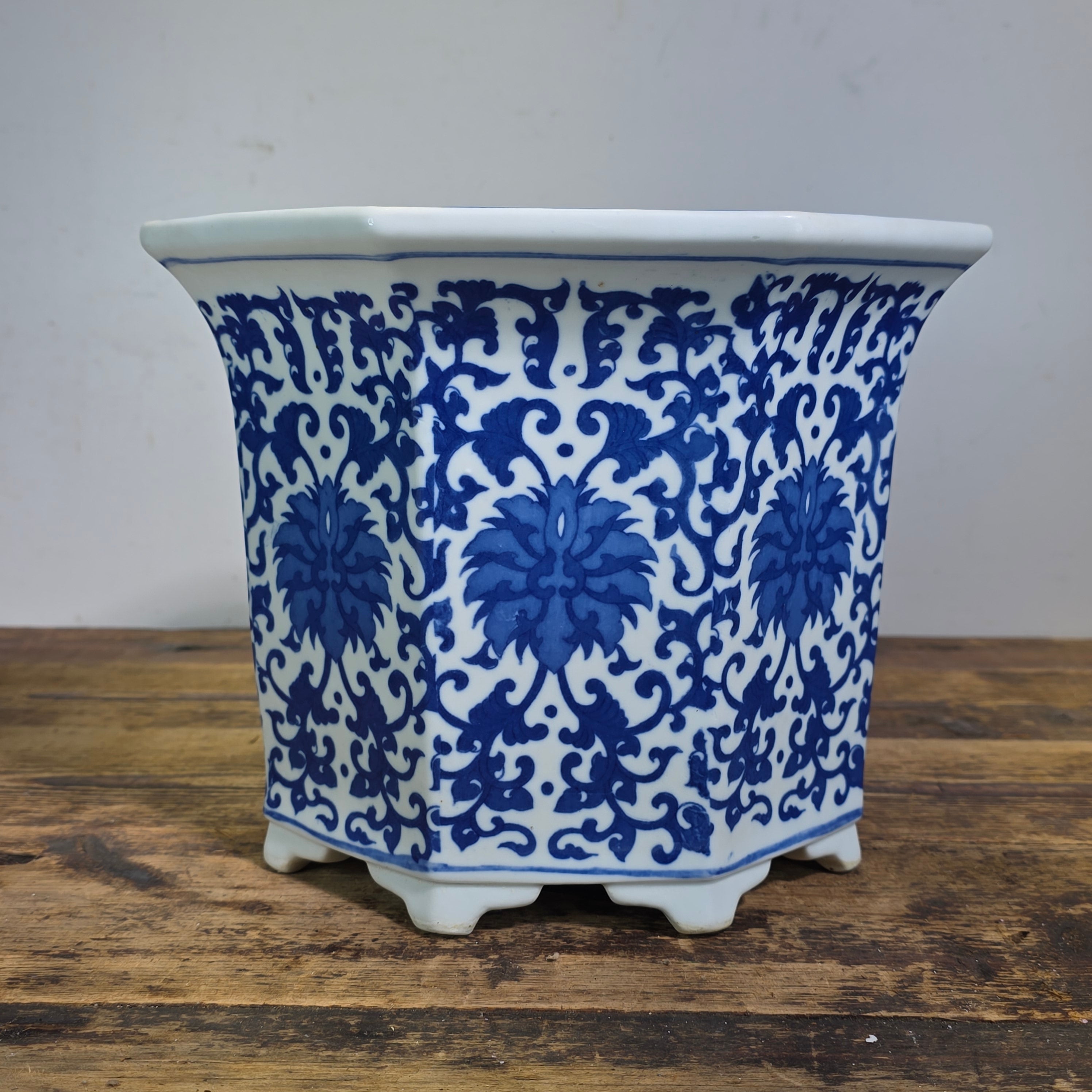 Vintage Chinoiserie Blue White Porcelain Octagonal Flower Pot Planter Jingdezhen