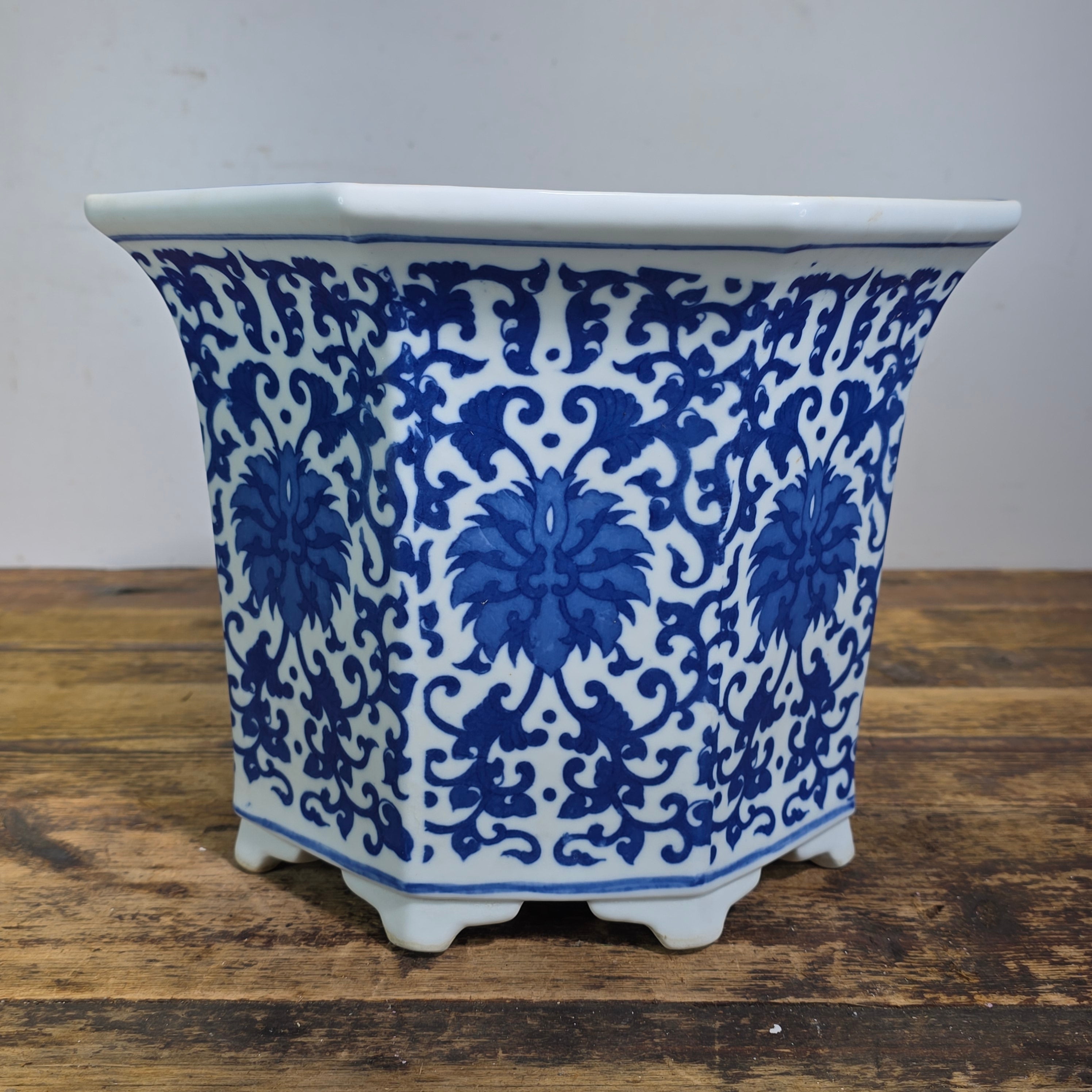 Vintage Chinoiserie Blue White Porcelain Octagonal Flower Pot Planter Jingdezhen