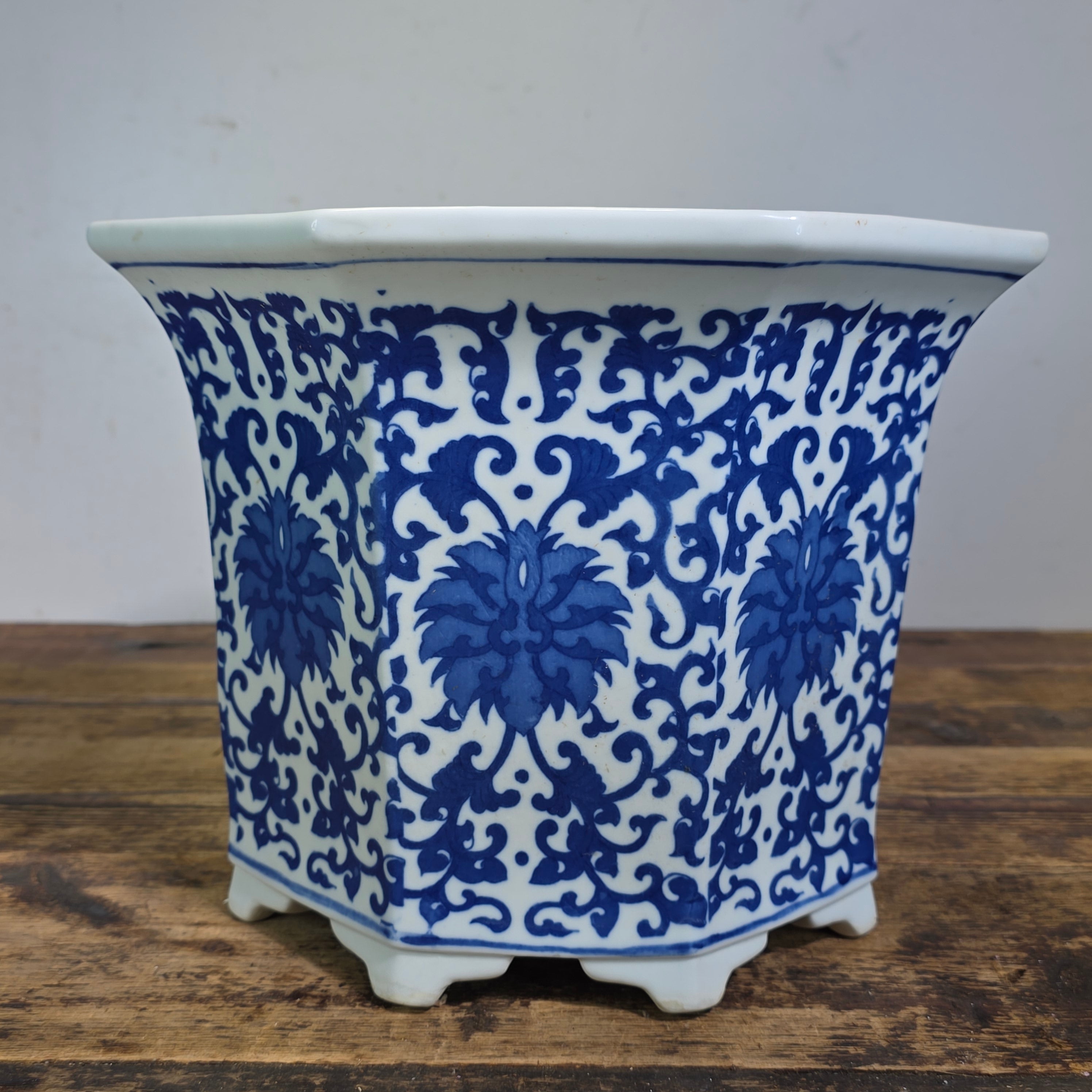 Vintage Chinoiserie Blue White Porcelain Octagonal Flower Pot Planter Jingdezhen