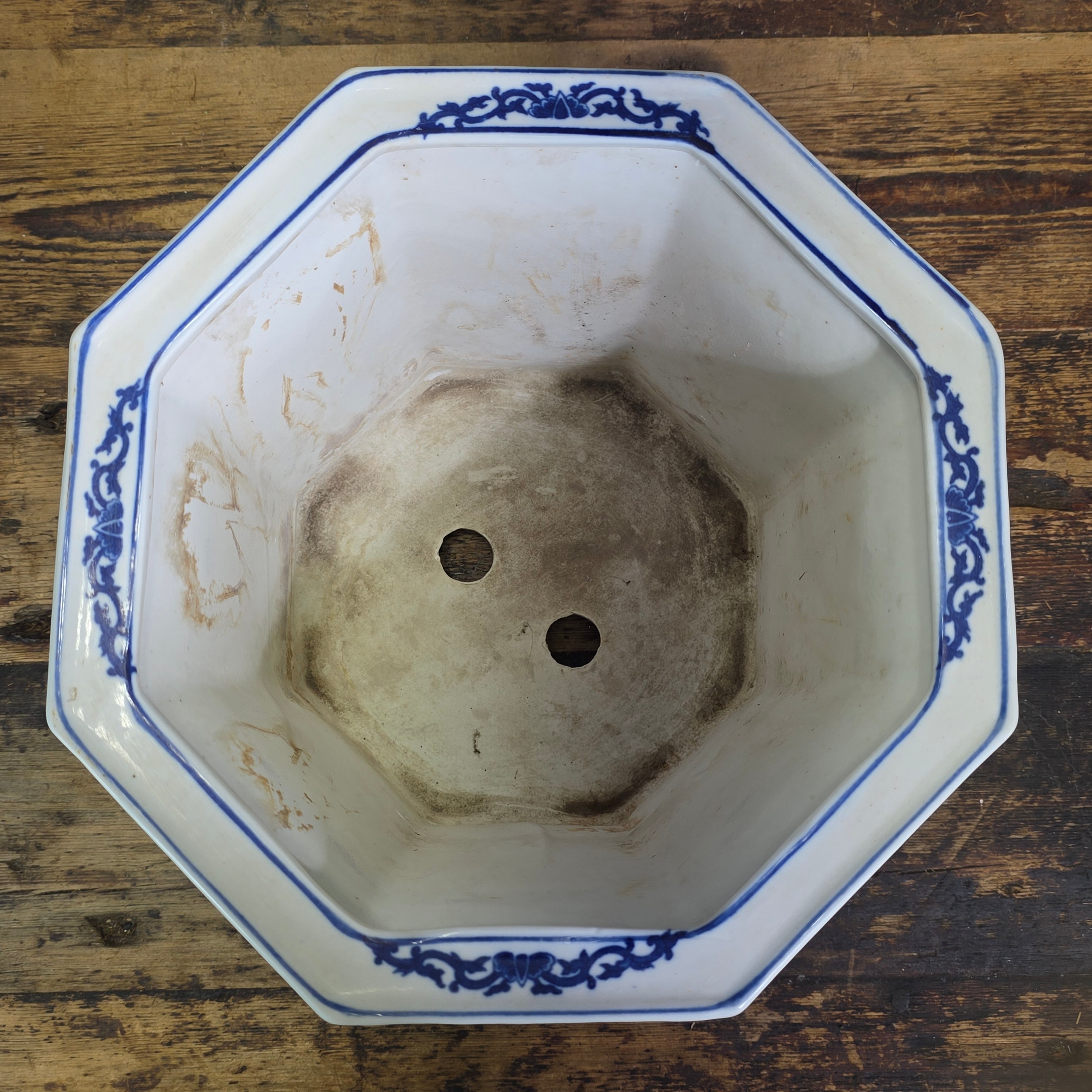Vintage Chinoiserie Blue White Porcelain Octagonal Flower Pot Planter Jingdezhen