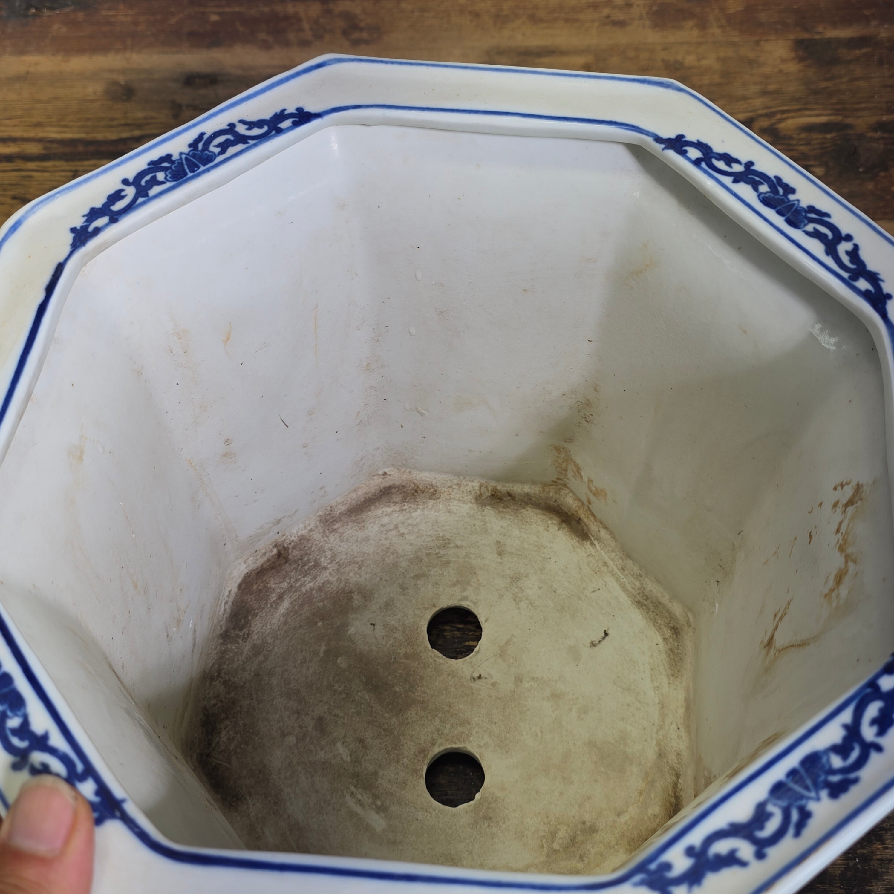 Vintage Chinoiserie Blue White Porcelain Octagonal Flower Pot Planter Jingdezhen