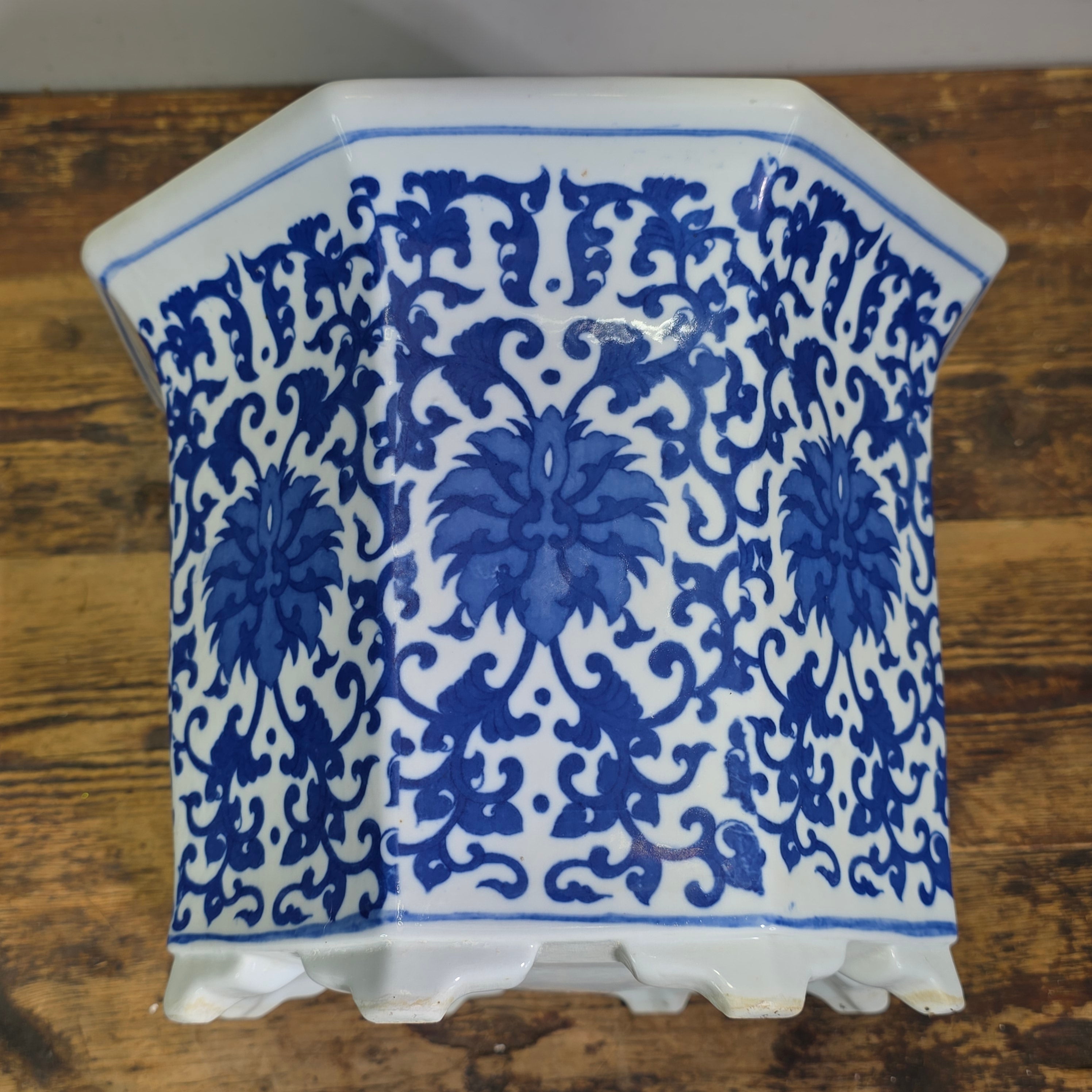 Vintage Chinoiserie Blue White Porcelain Octagonal Flower Pot Planter Jingdezhen