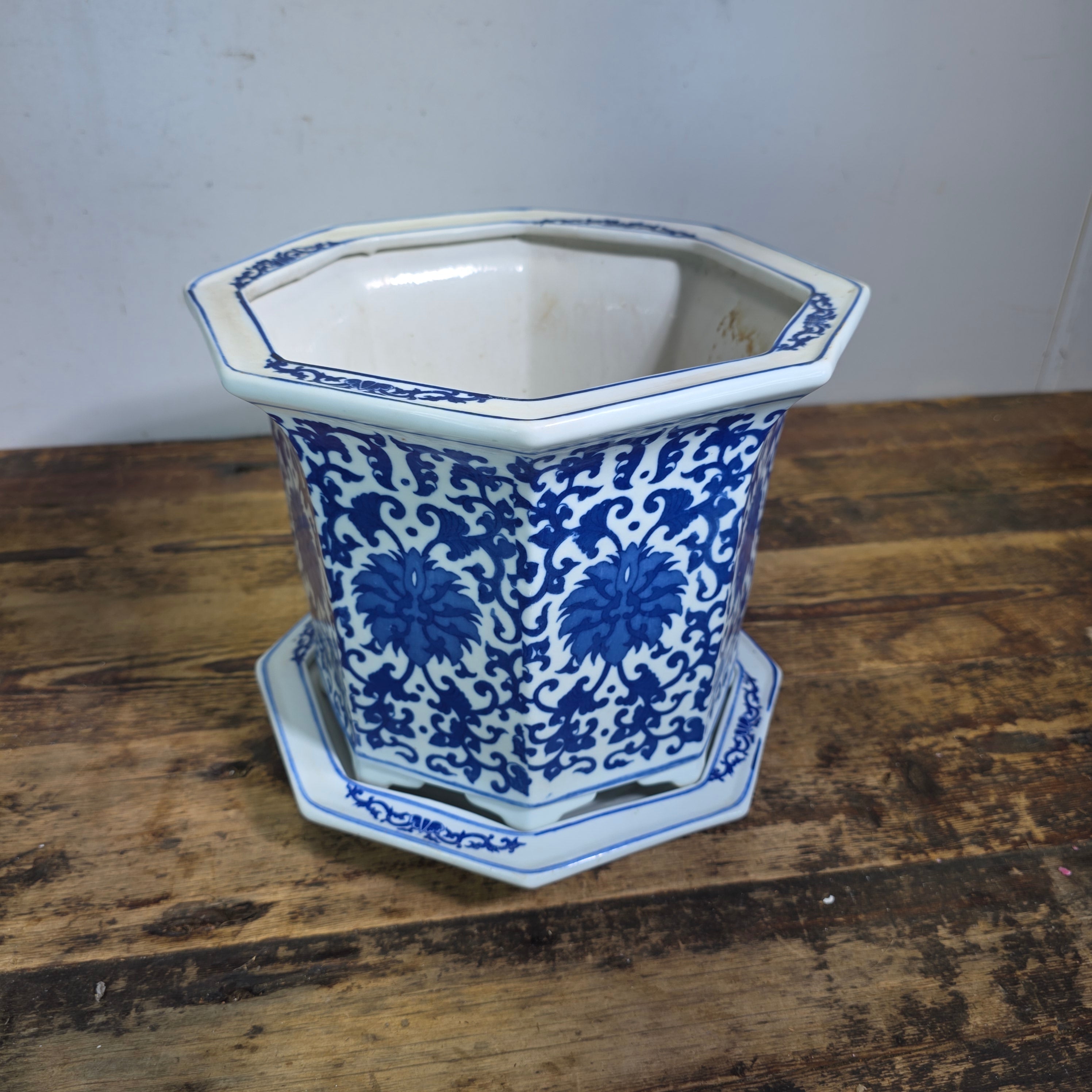 Vintage Chinoiserie Blue White Porcelain Octagonal Flower Pot Planter Jingdezhen