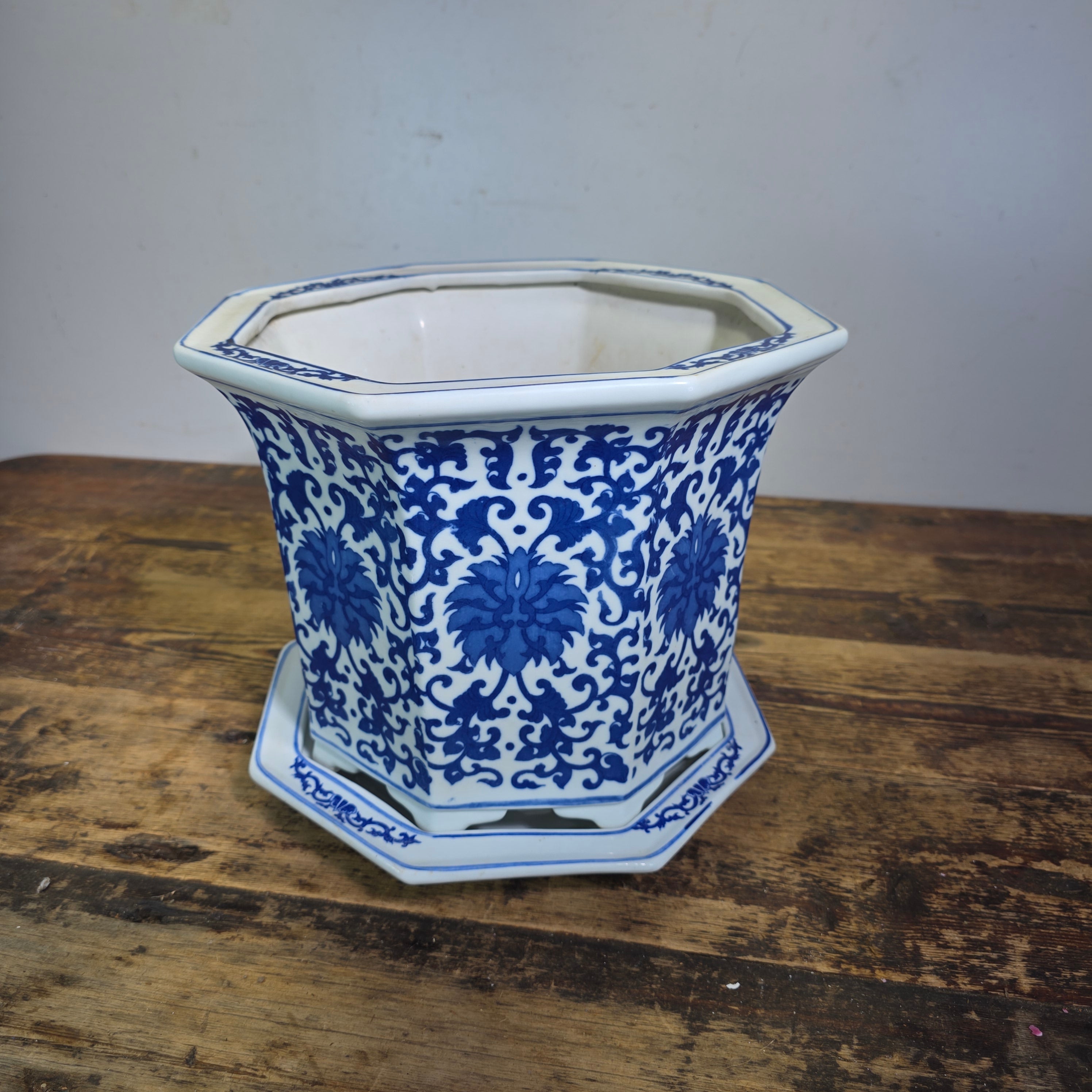 Vintage Chinoiserie Blue White Porcelain Octagonal Flower Pot Planter Jingdezhen