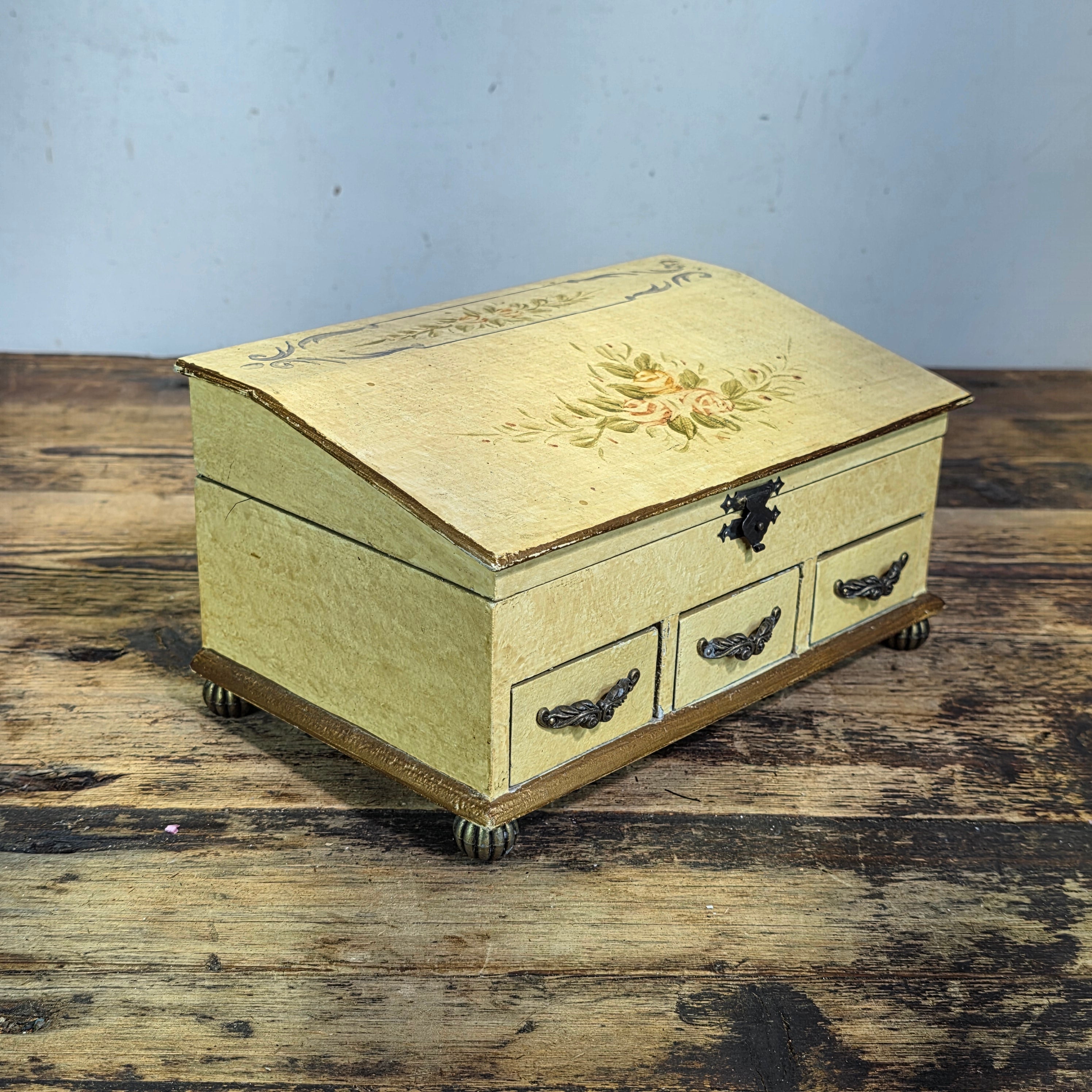 Vintage Hand Painted Wood Jewelry Box Slant Top Floral 3 Drawers Shabby Chic
