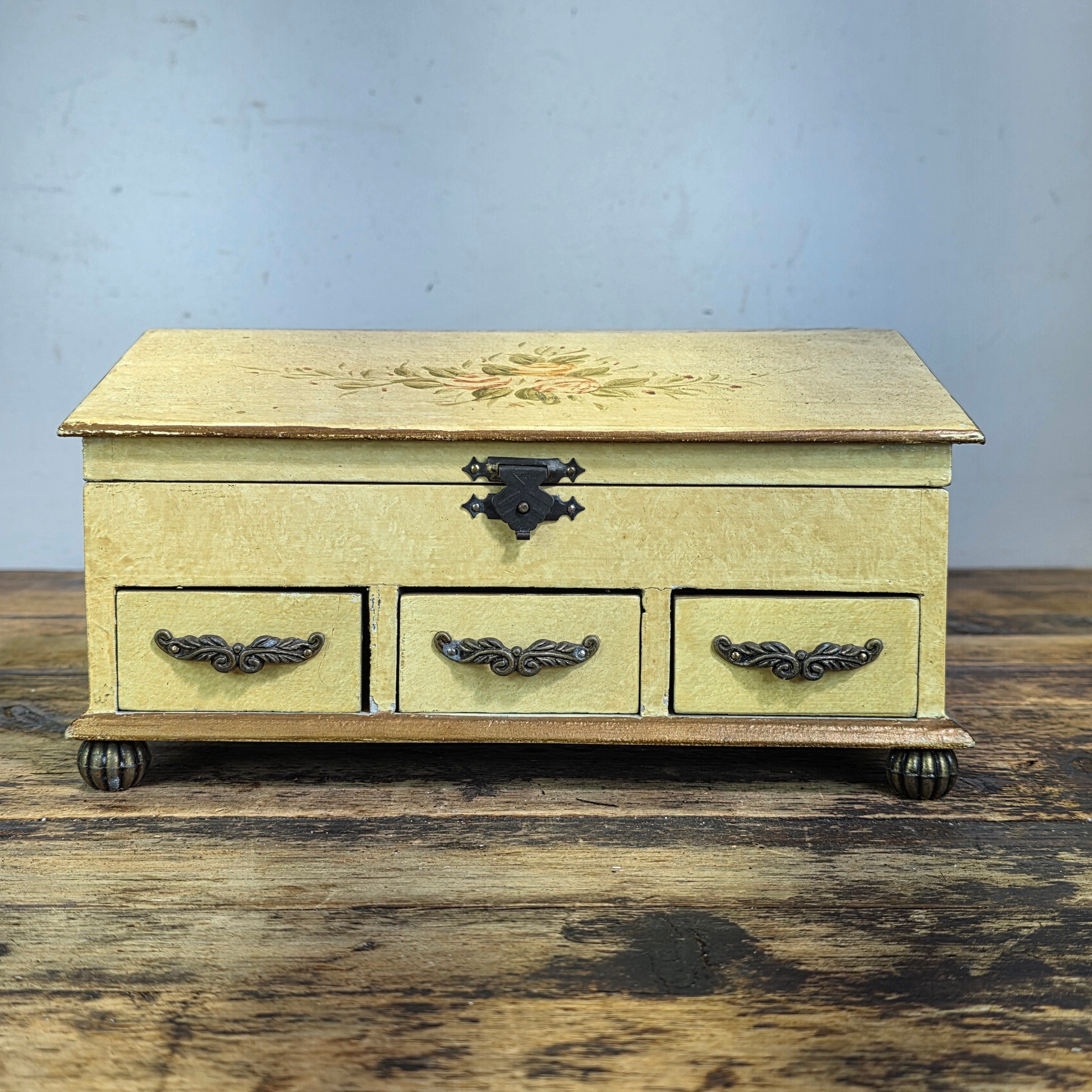 Vintage Hand Painted Wood Jewelry Box Slant Top Floral 3 Drawers Shabby Chic