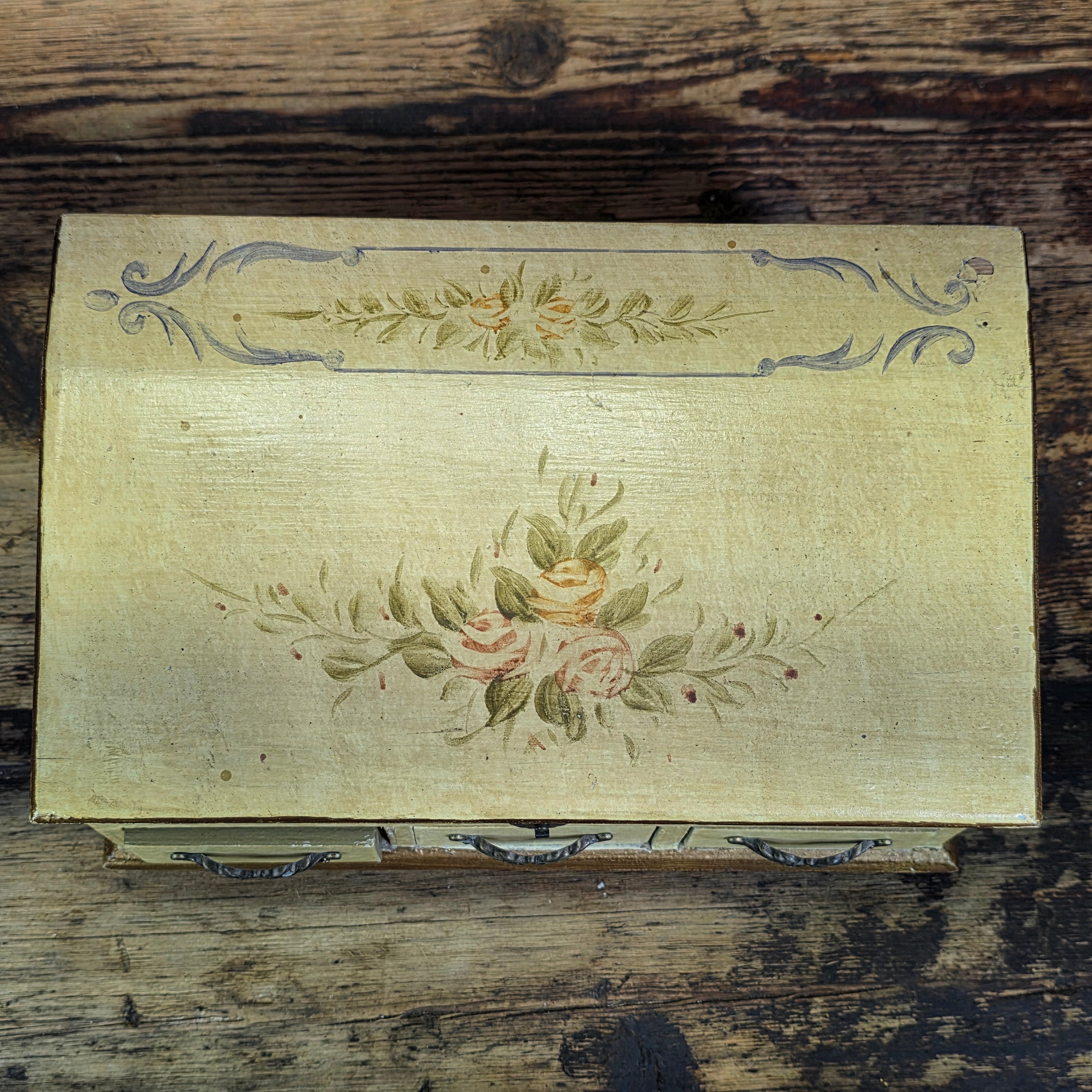 Vintage Hand Painted Wood Jewelry Box Slant Top Floral 3 Drawers Shabby Chic