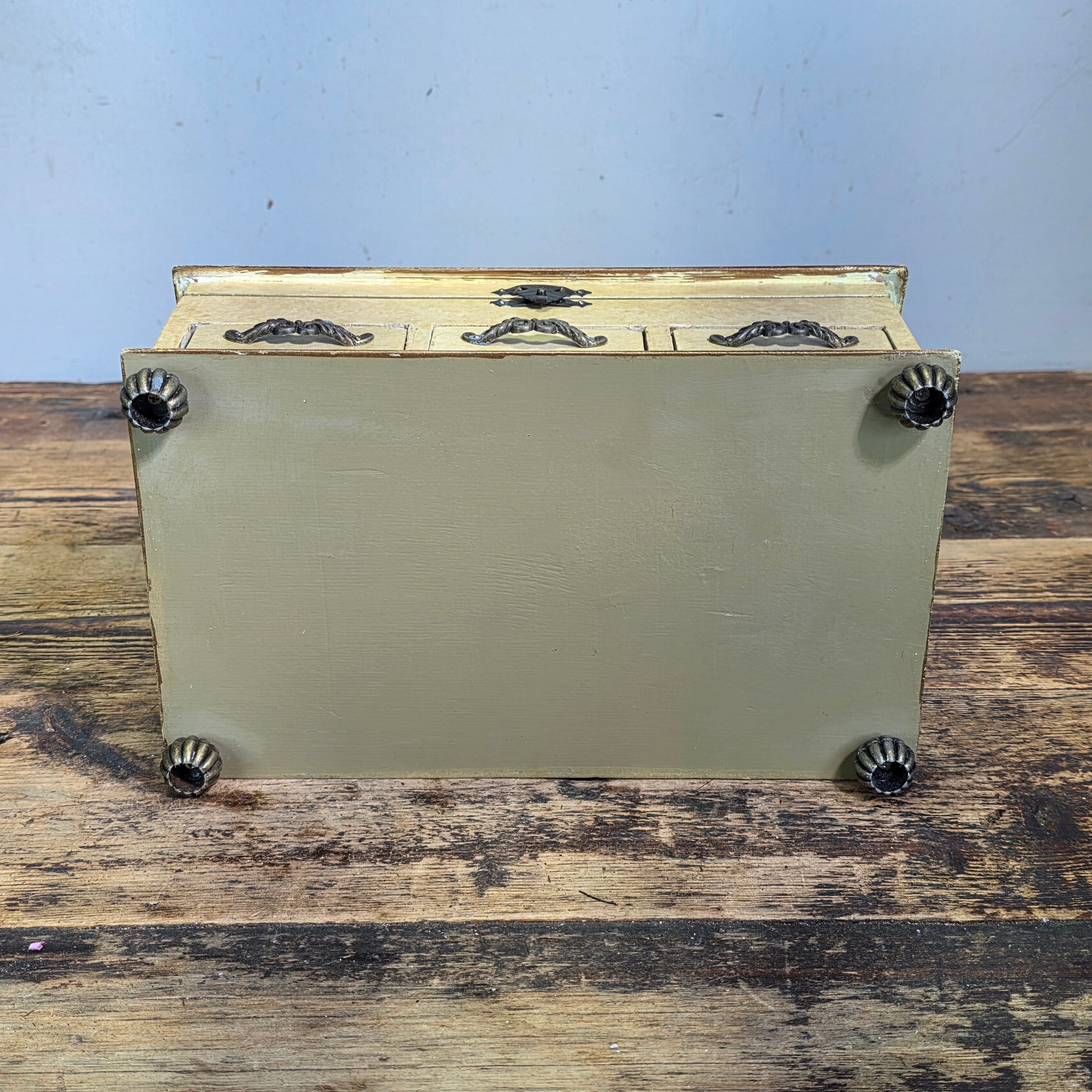 Vintage Hand Painted Wood Jewelry Box Slant Top Floral 3 Drawers Shabby Chic