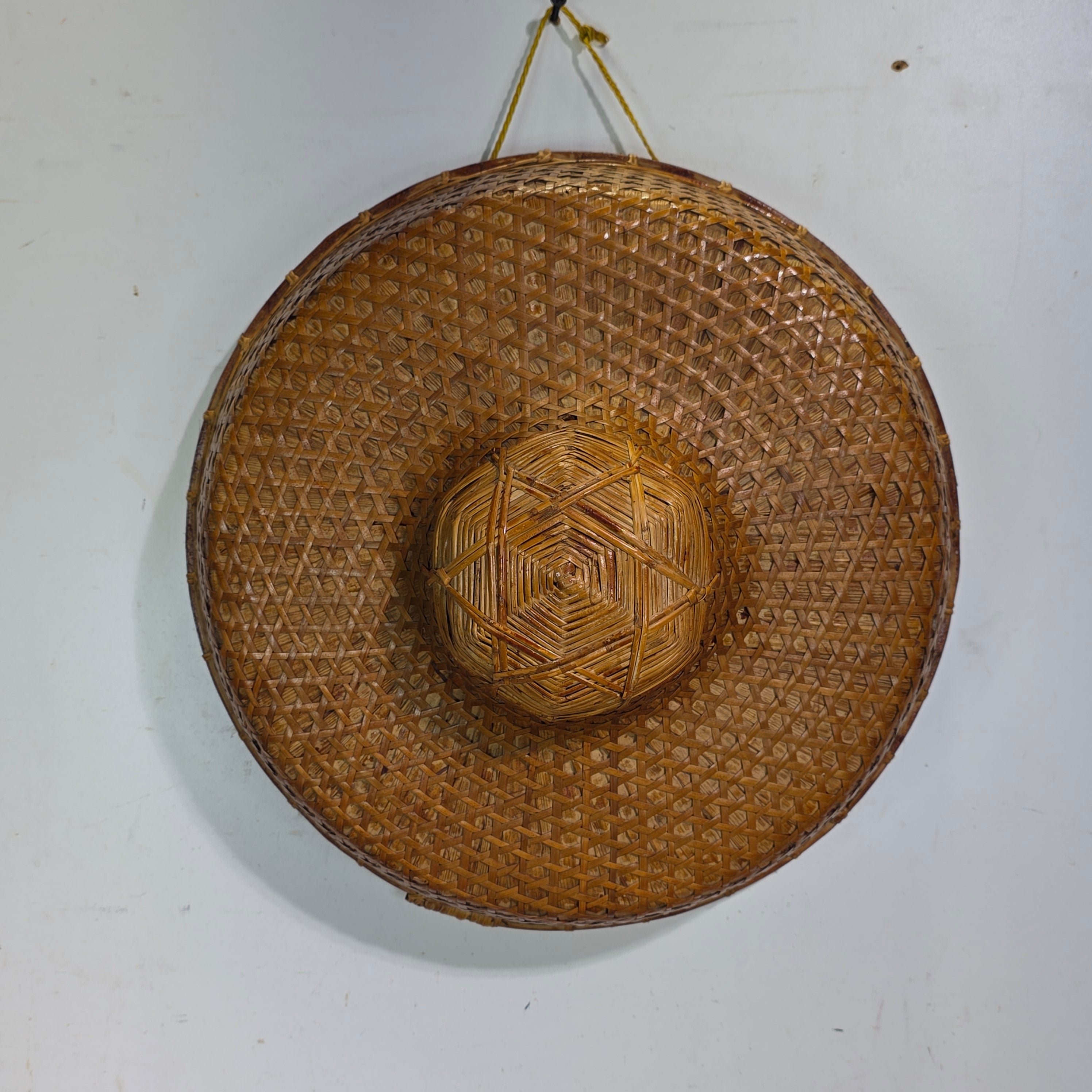 Vintage Mid Century Rattan Rickshaw Hat Asian Coolie Straw Bamboo Boho Wall Deco
