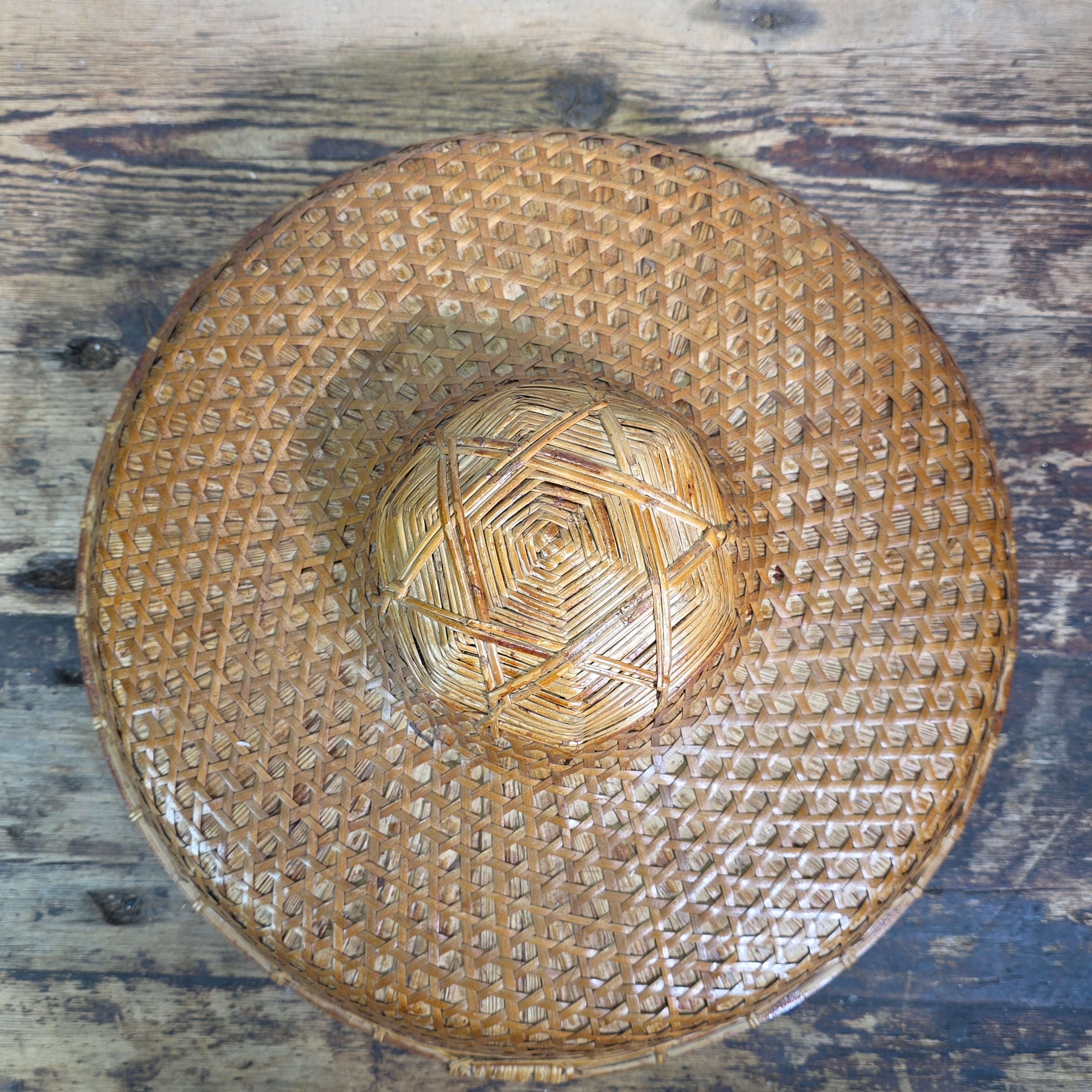 Vintage Mid Century Rattan Rickshaw Hat Asian Coolie Straw Bamboo Boho Wall Deco