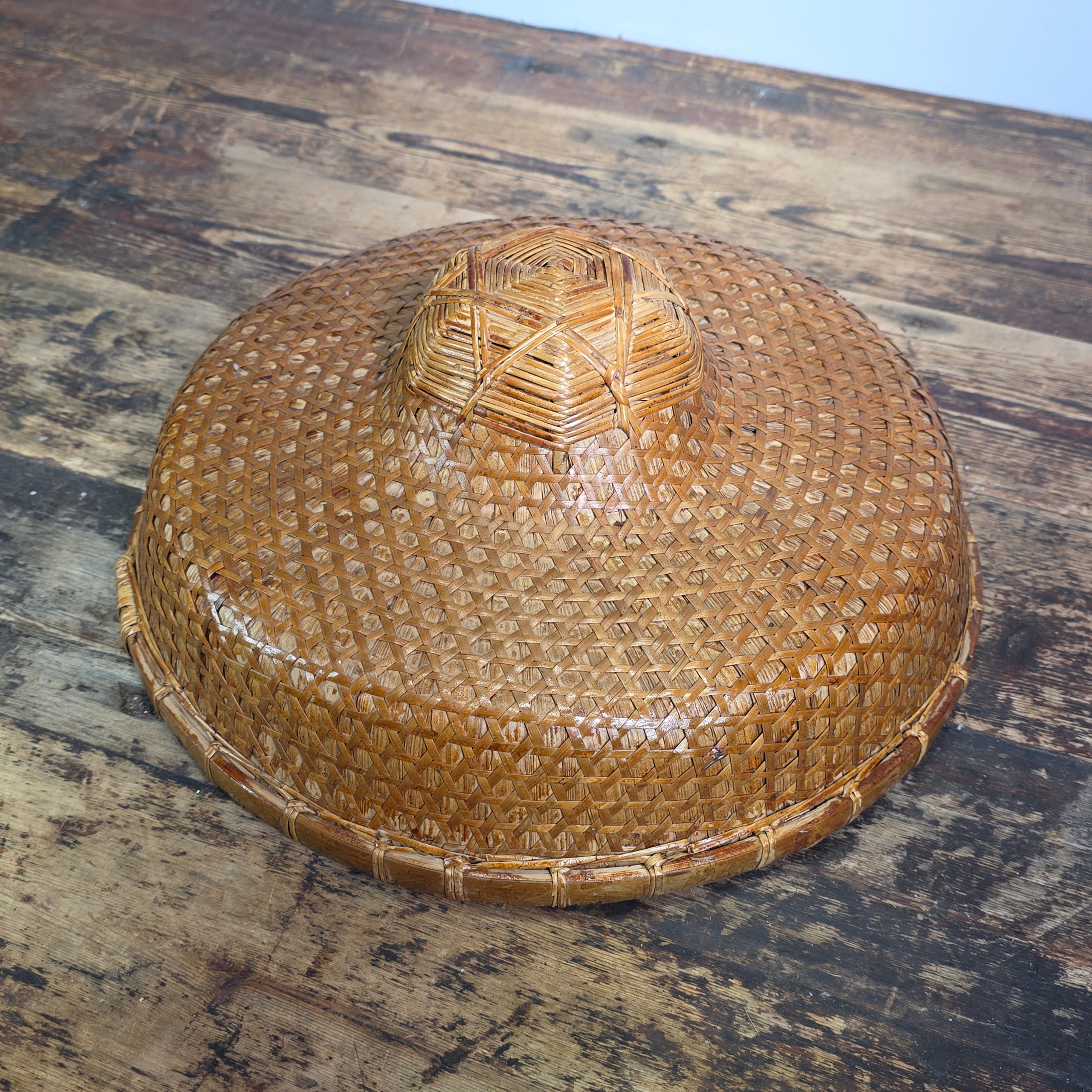 Vintage Mid Century Rattan Rickshaw Hat Asian Coolie Straw Bamboo Boho Wall Deco