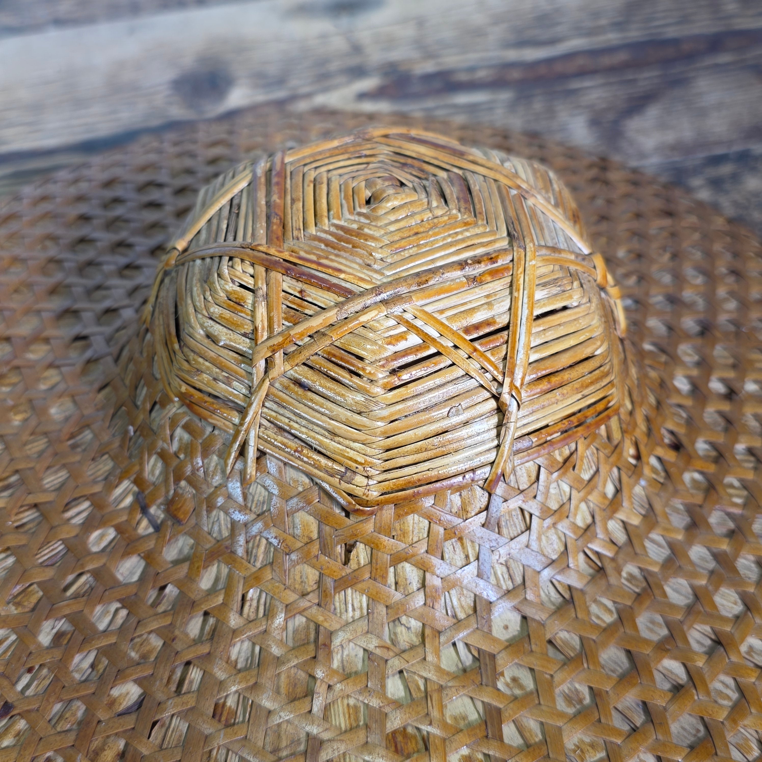 Vintage Mid Century Rattan Rickshaw Hat Asian Coolie Straw Bamboo Boho Wall Deco
