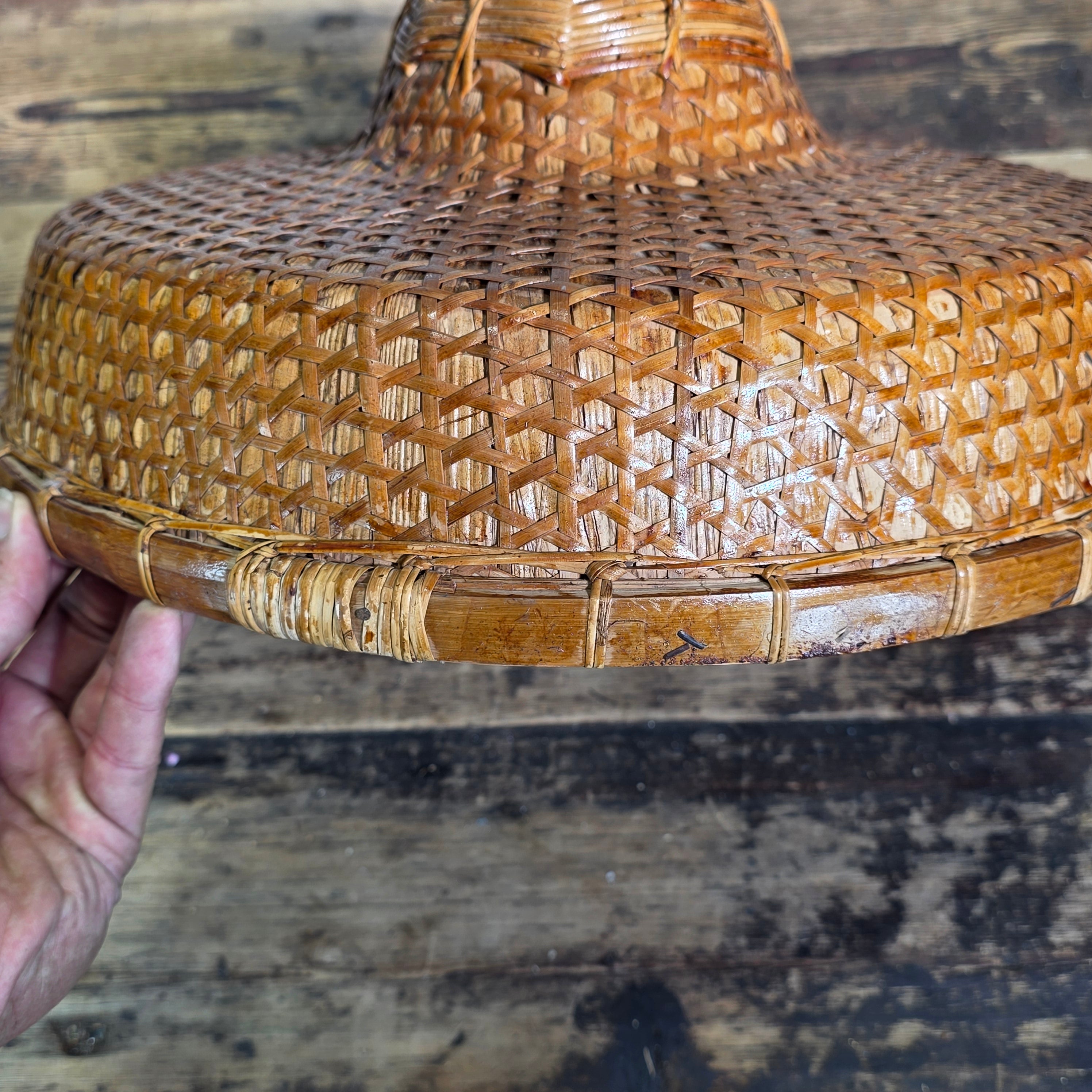 Vintage Mid Century Rattan Rickshaw Hat Asian Coolie Straw Bamboo Boho Wall Deco