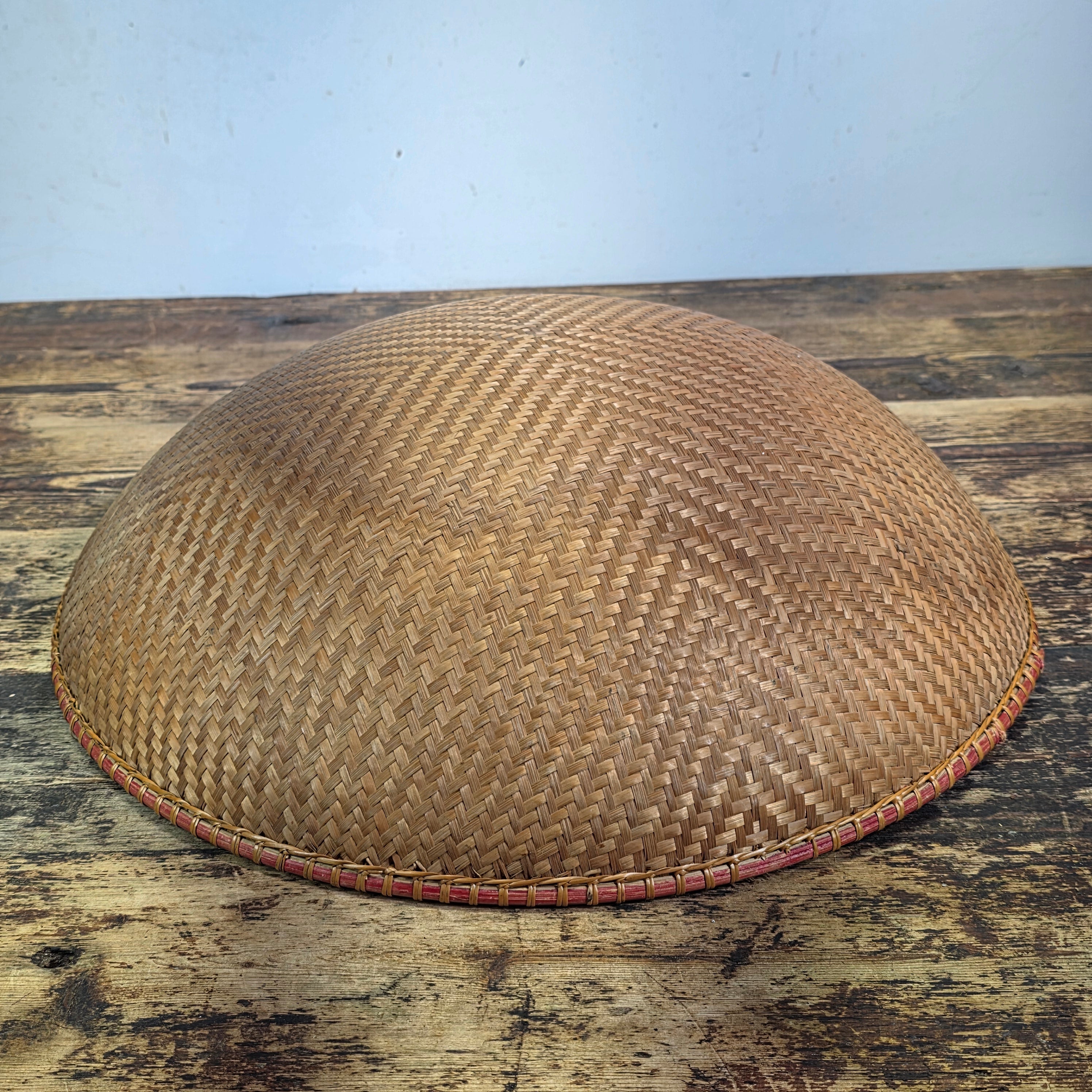 Vintage Mid Century Bamboo Rattan Rice Hat Asian Coolie Dome Boho Wall Decor Red
