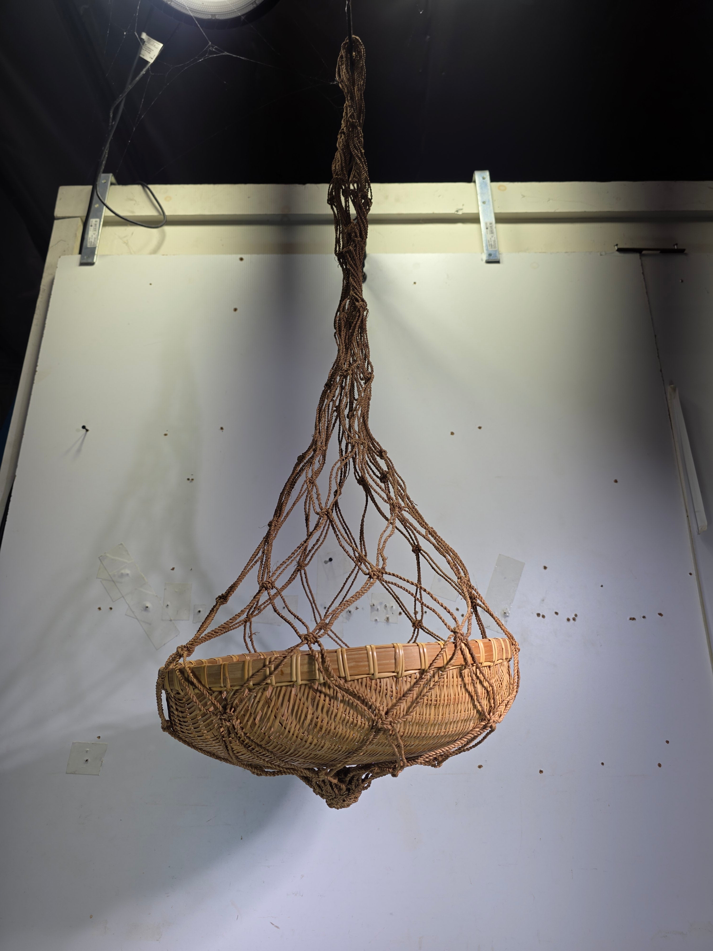 Vintage Boho Bamboo Hanging Basket Macrame Rope Sling Japandi Plant Fruit Basket