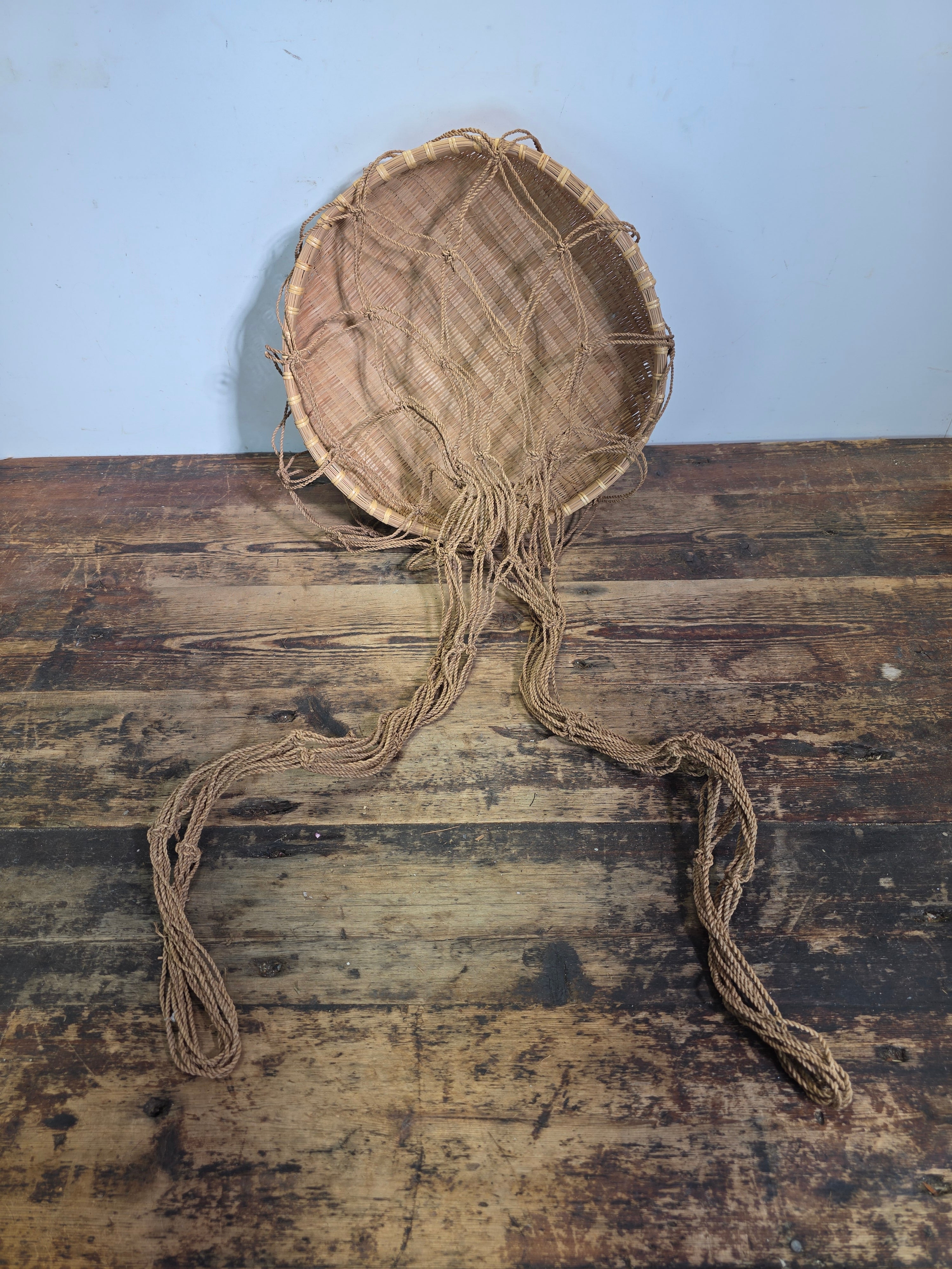 Vintage Boho Bamboo Hanging Basket Macrame Rope Sling Japandi Plant Fruit Basket