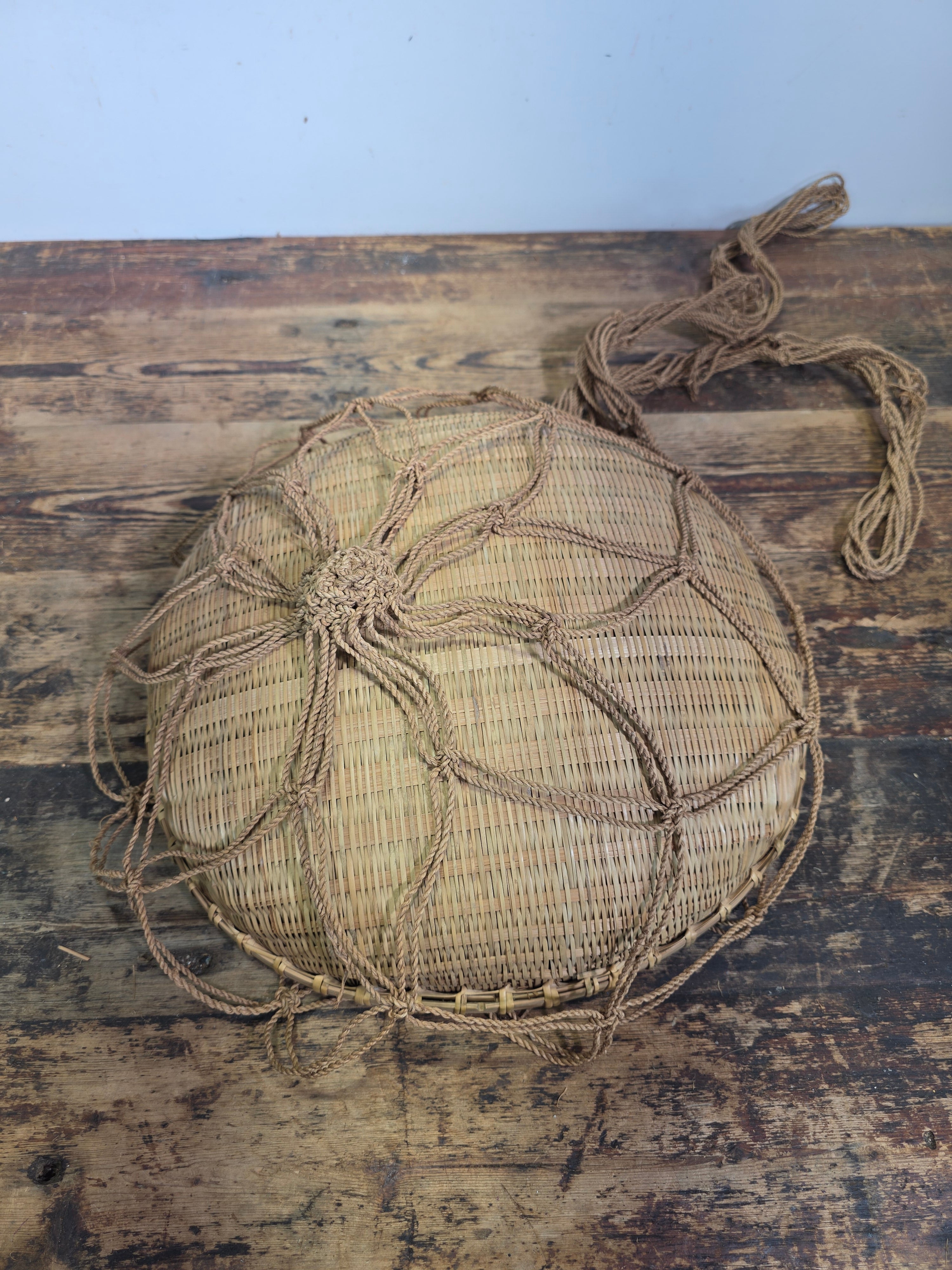 Vintage Boho Bamboo Hanging Basket Macrame Rope Sling Japandi Plant Fruit Basket