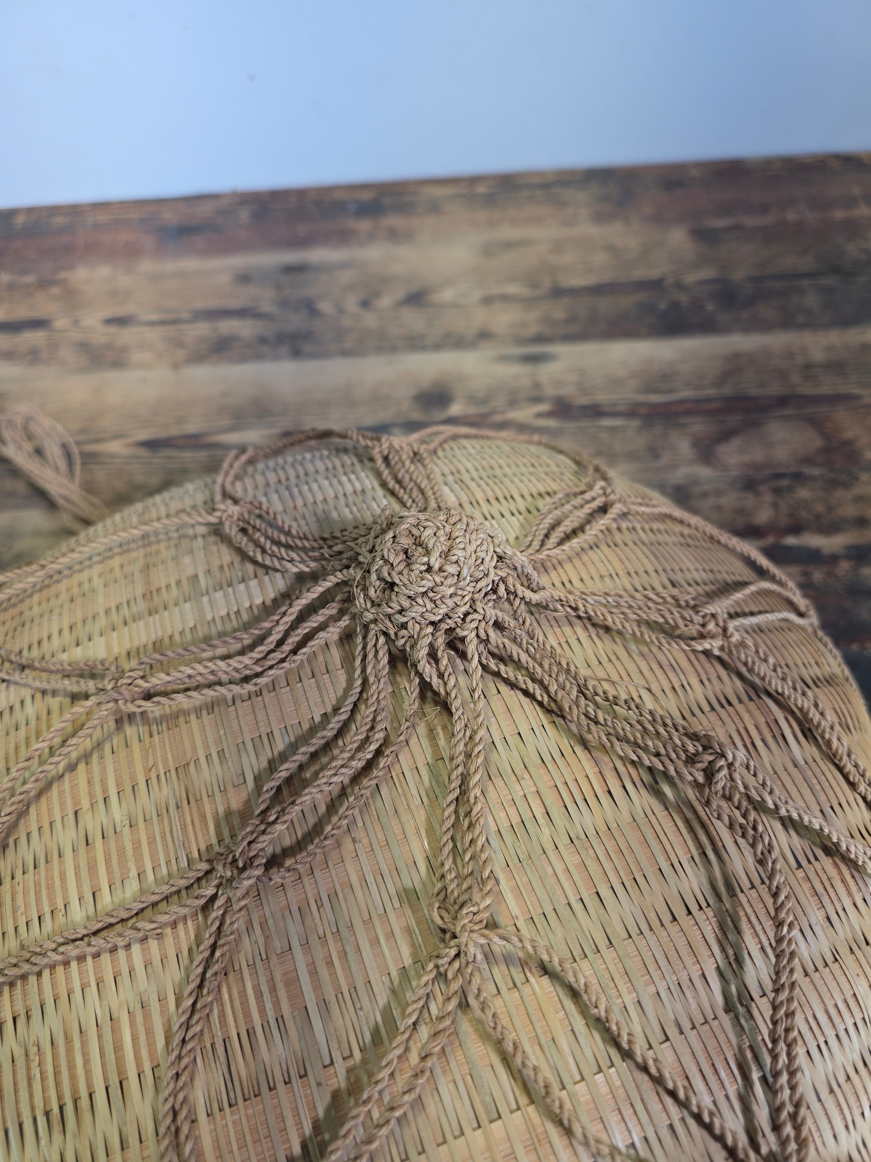 Vintage Boho Bamboo Hanging Basket Macrame Rope Sling Japandi Plant Fruit Basket