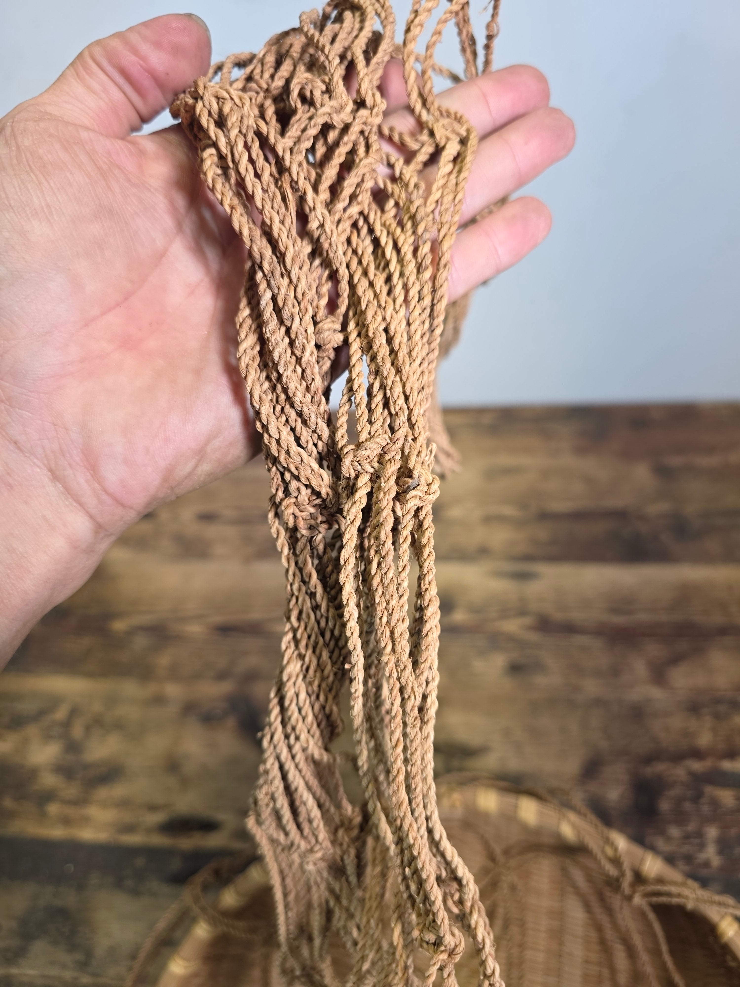 Vintage Boho Bamboo Hanging Basket Macrame Rope Sling Japandi Plant Fruit Basket