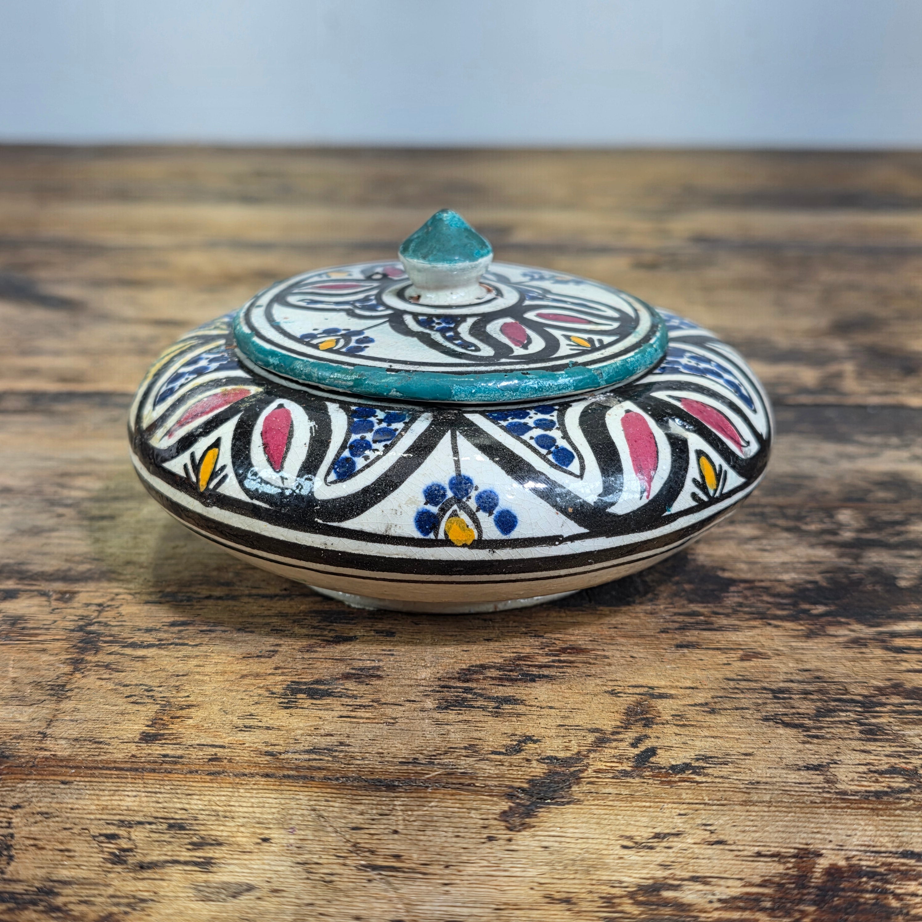 Vintage Hand Painted Moroccan Pottery Ceramic Round Lidded Trinket Box Boho Blue