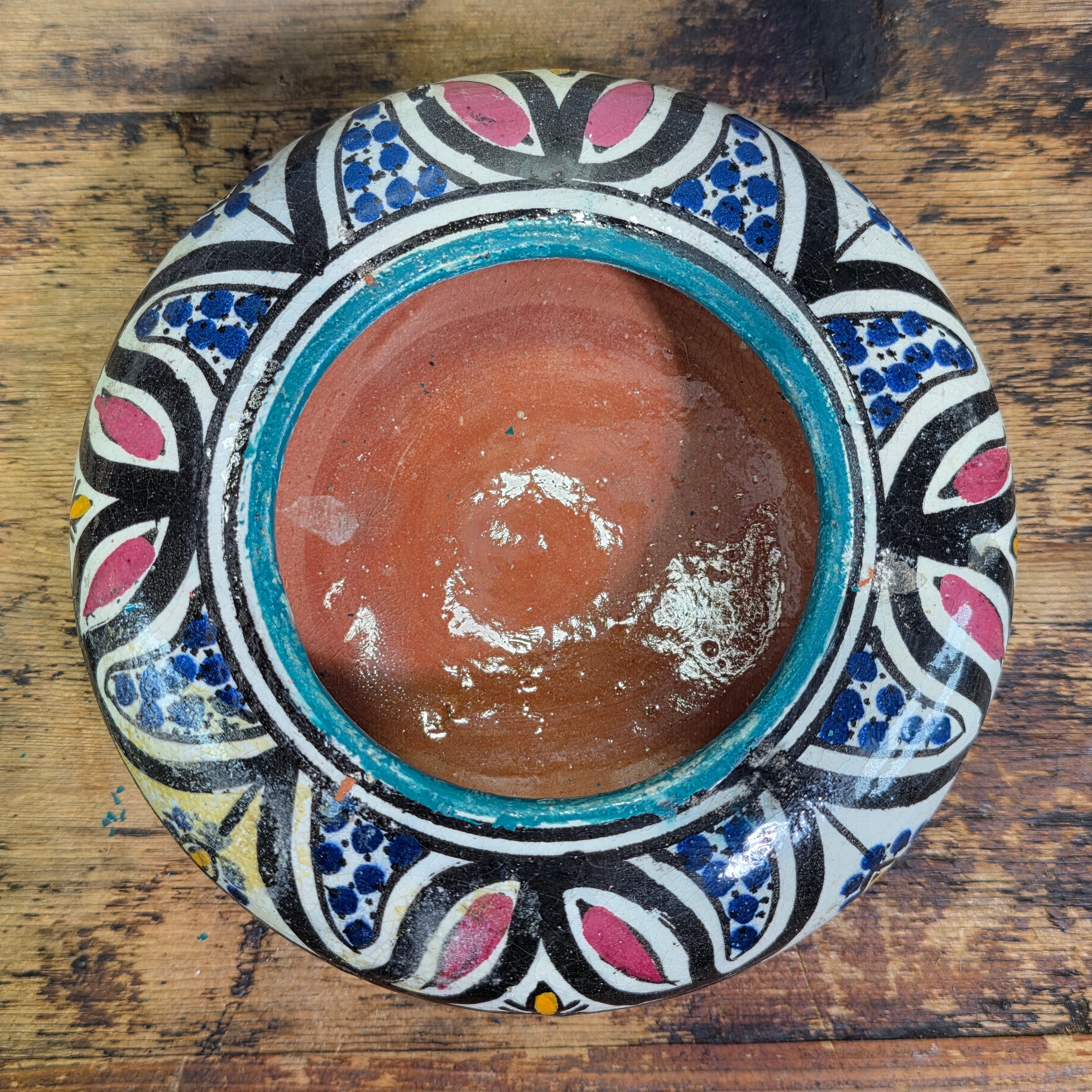 Vintage Hand Painted Moroccan Pottery Ceramic Round Lidded Trinket Box Boho Blue