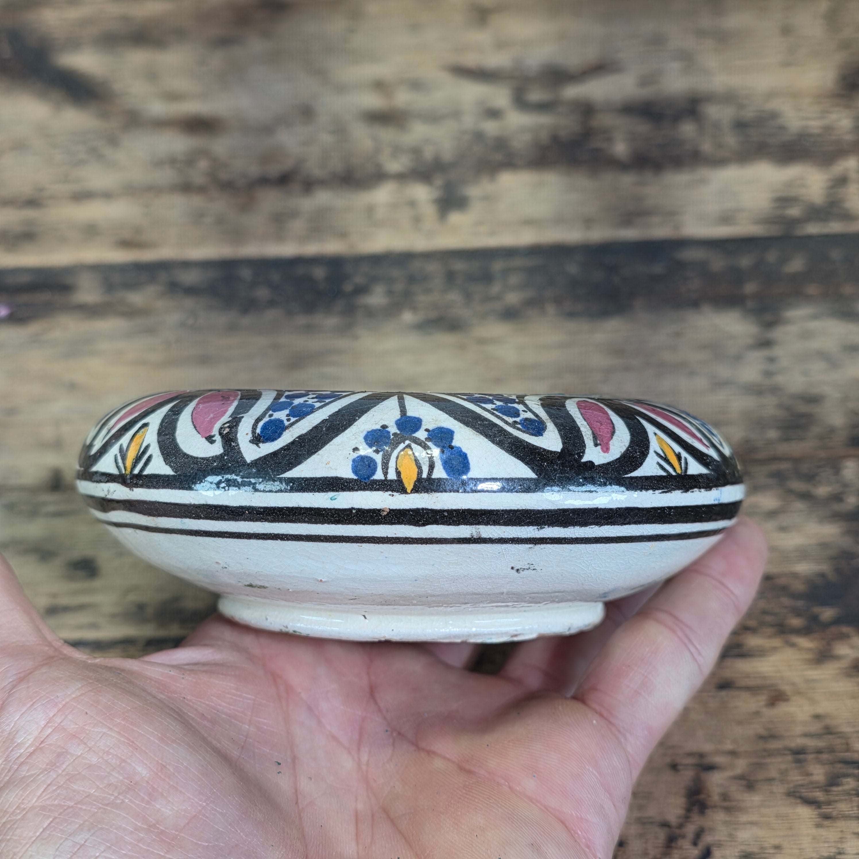 Vintage Hand Painted Moroccan Pottery Ceramic Round Lidded Trinket Box Boho Blue