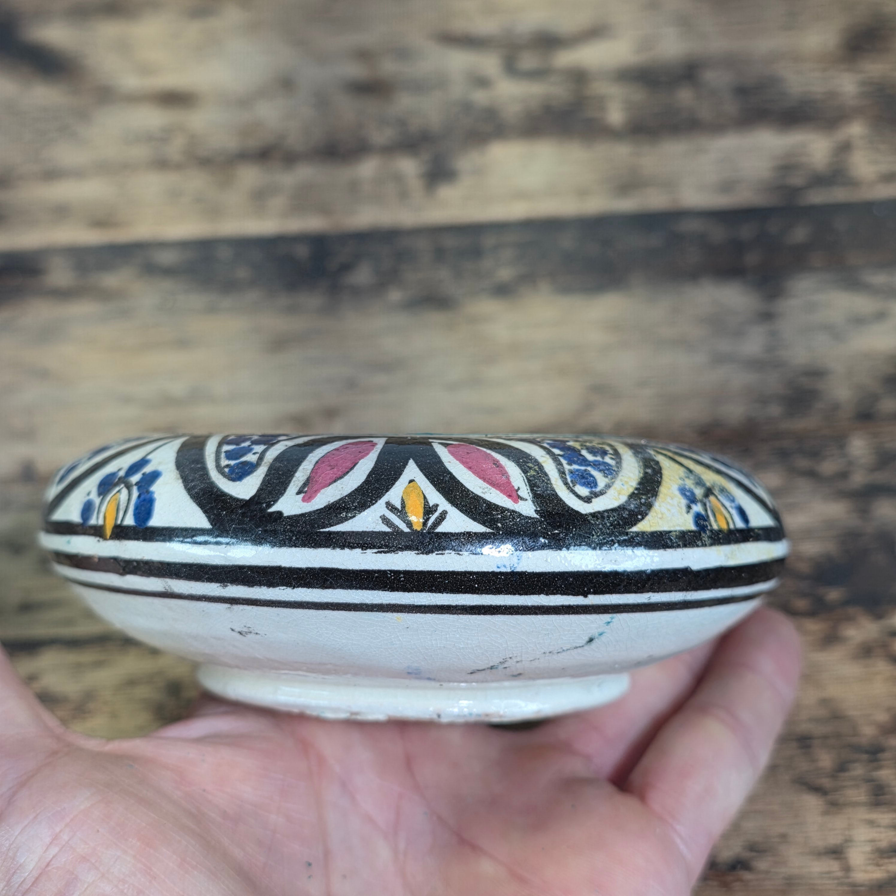 Vintage Hand Painted Moroccan Pottery Ceramic Round Lidded Trinket Box Boho Blue