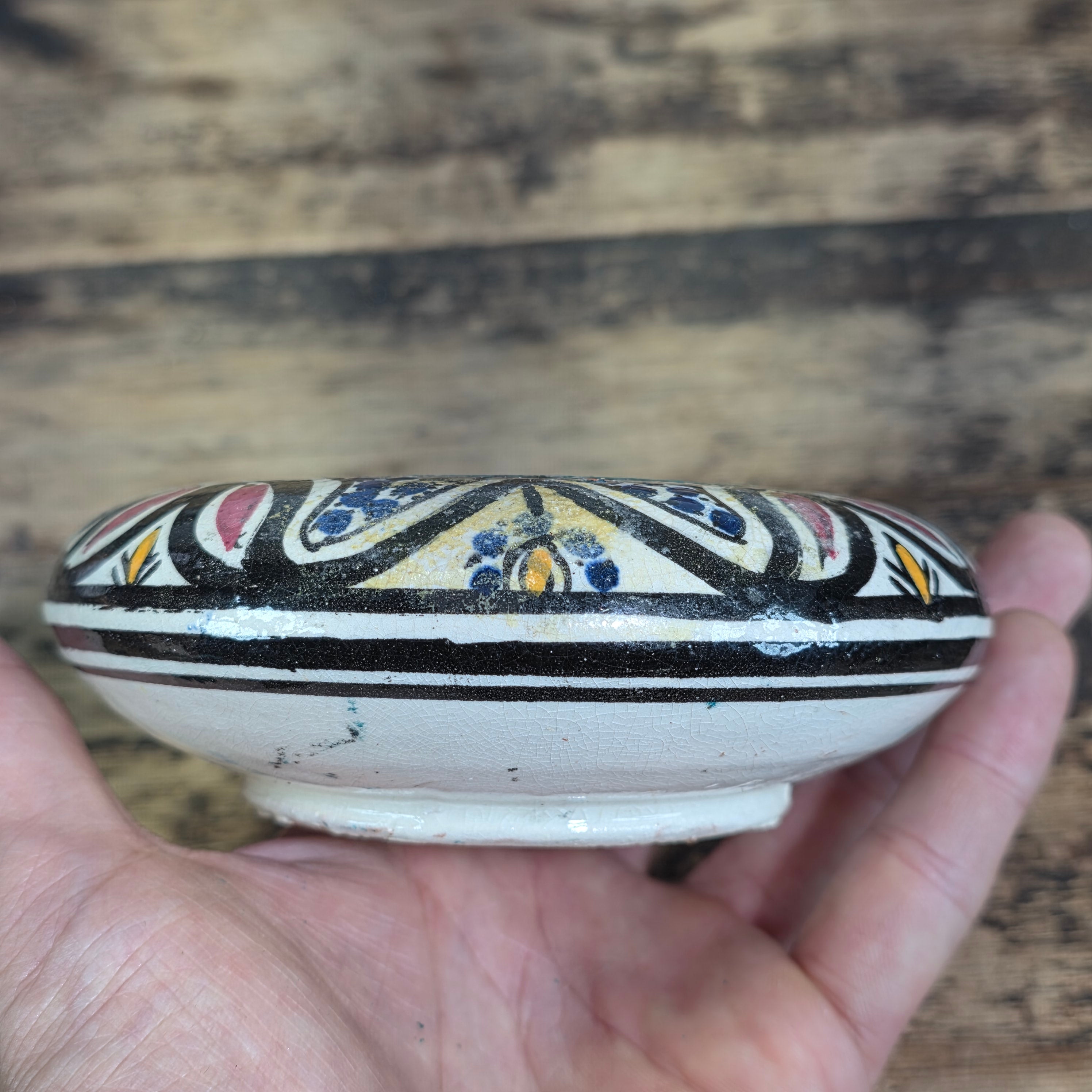 Vintage Hand Painted Moroccan Pottery Ceramic Round Lidded Trinket Box Boho Blue