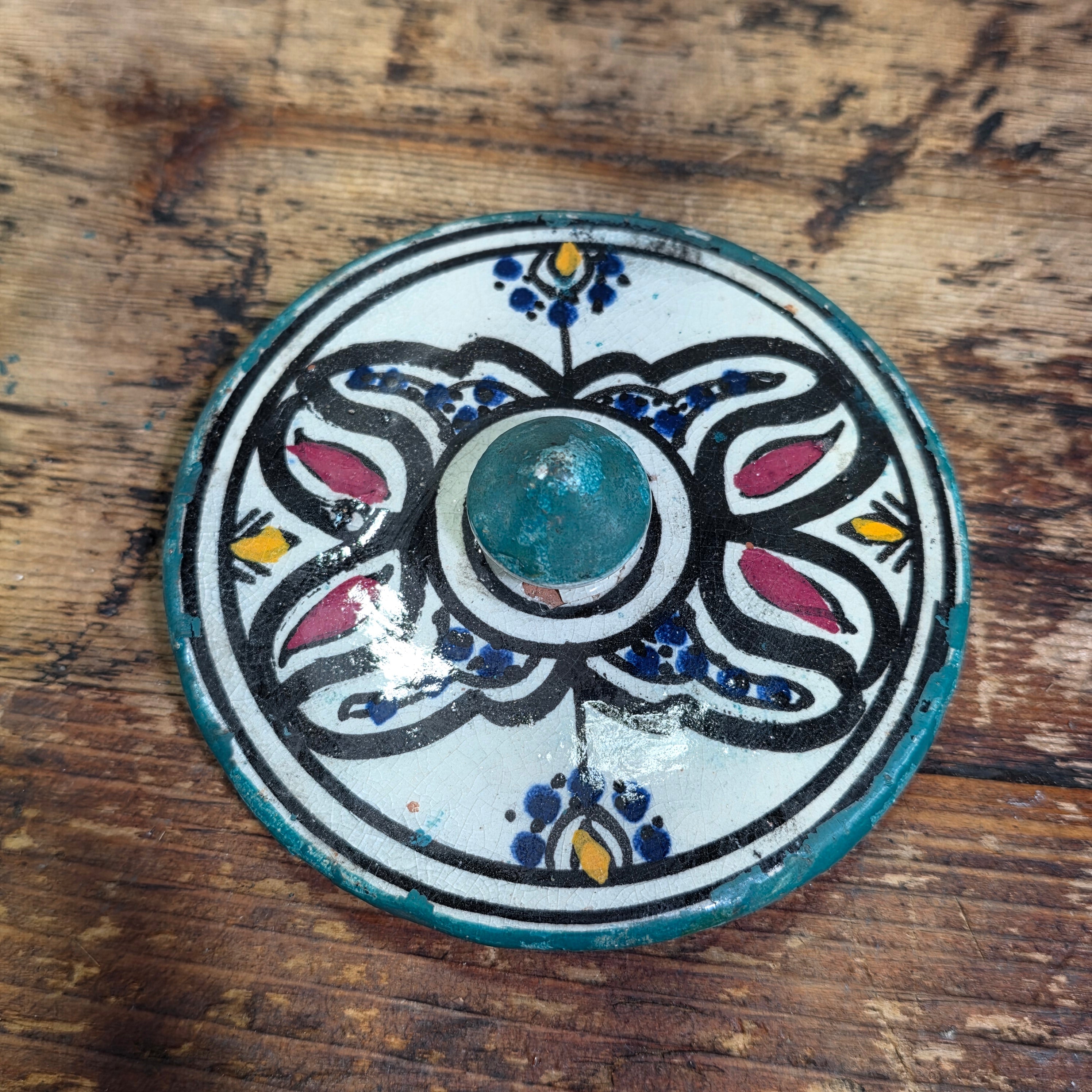 Vintage Hand Painted Moroccan Pottery Ceramic Round Lidded Trinket Box Boho Blue