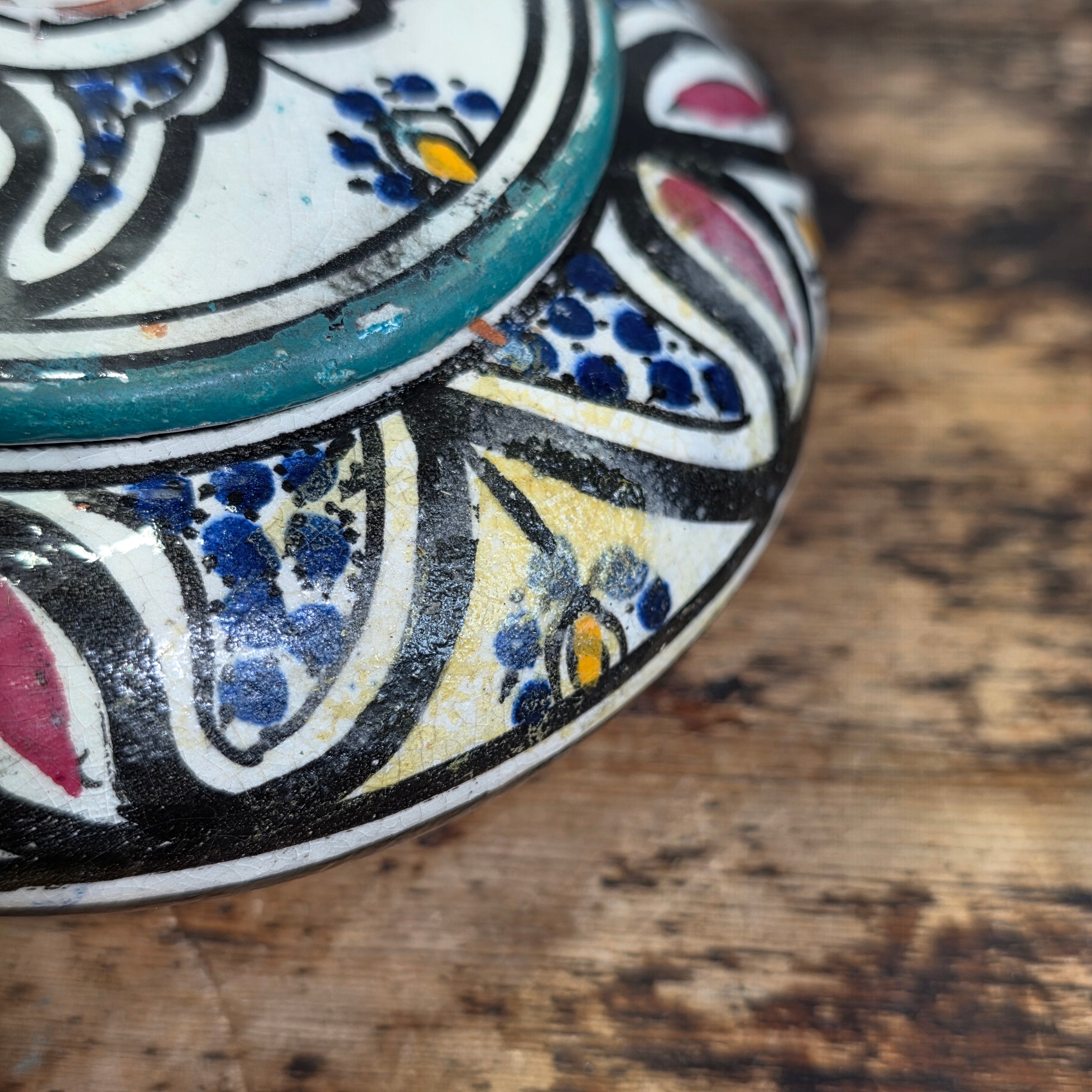 Vintage Hand Painted Moroccan Pottery Ceramic Round Lidded Trinket Box Boho Blue
