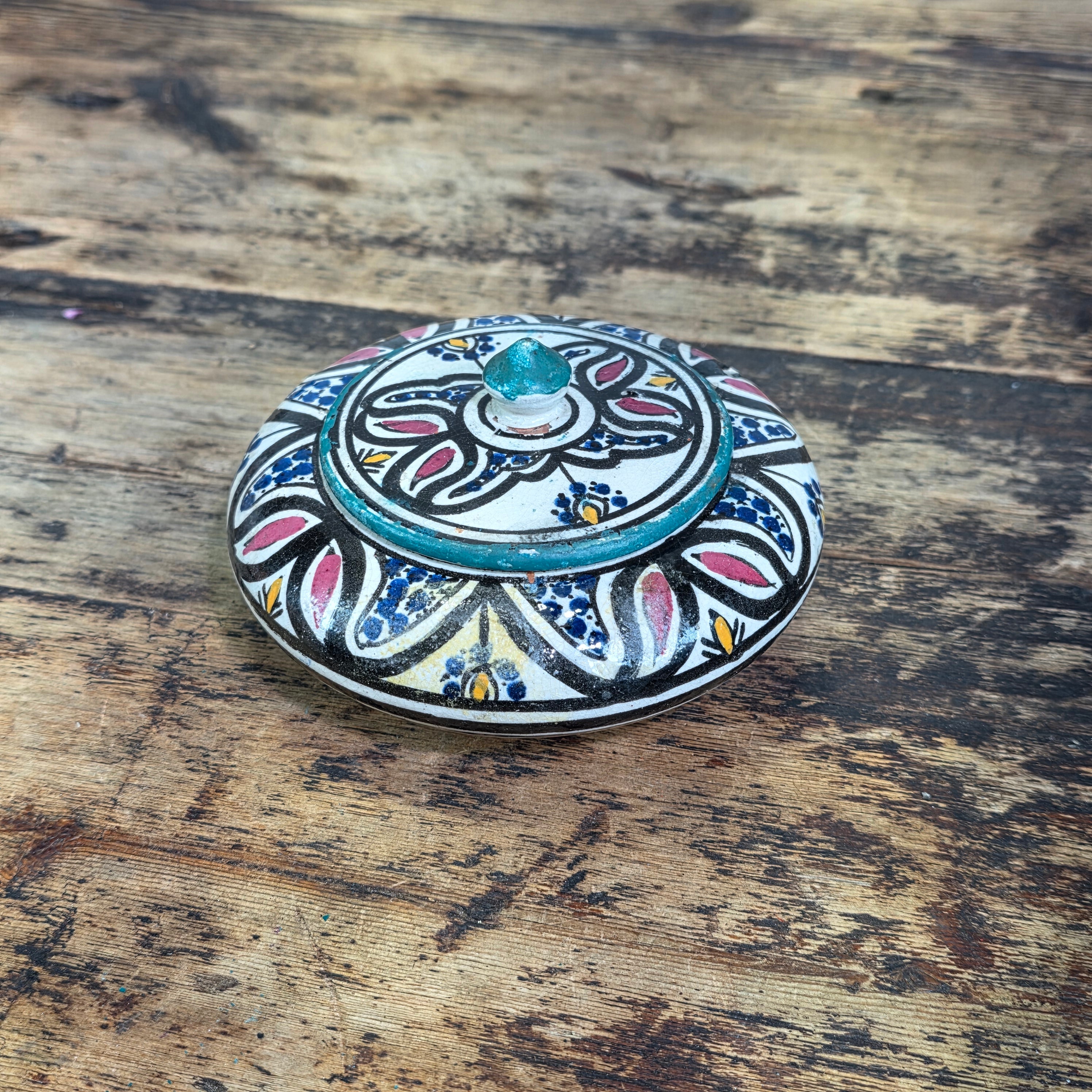 Vintage Hand Painted Moroccan Pottery Ceramic Round Lidded Trinket Box Boho Blue