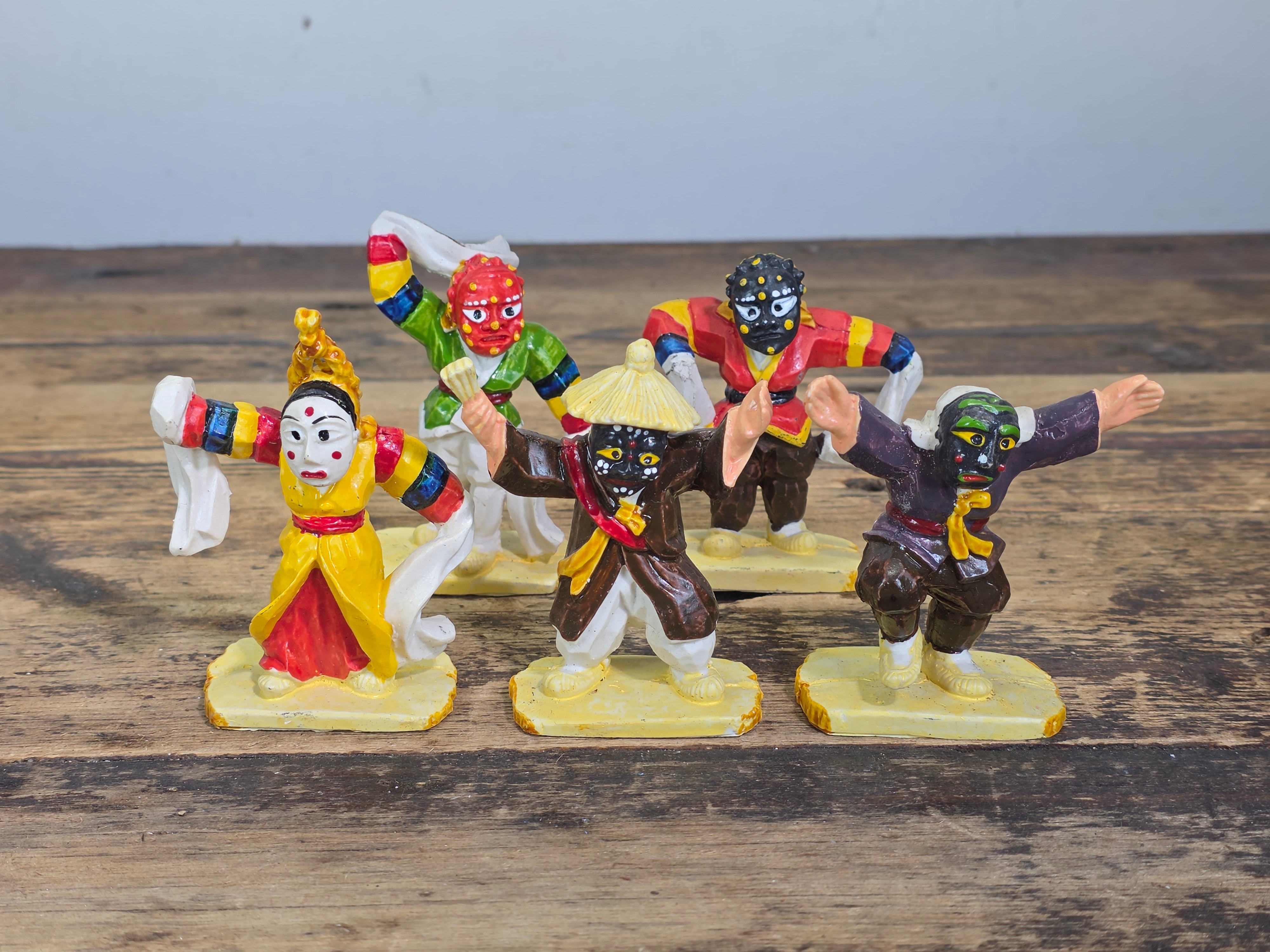 Vintage Korean Bongsan Talchum Mask Dance Figures Hand Painted Folk Art Set of 5
