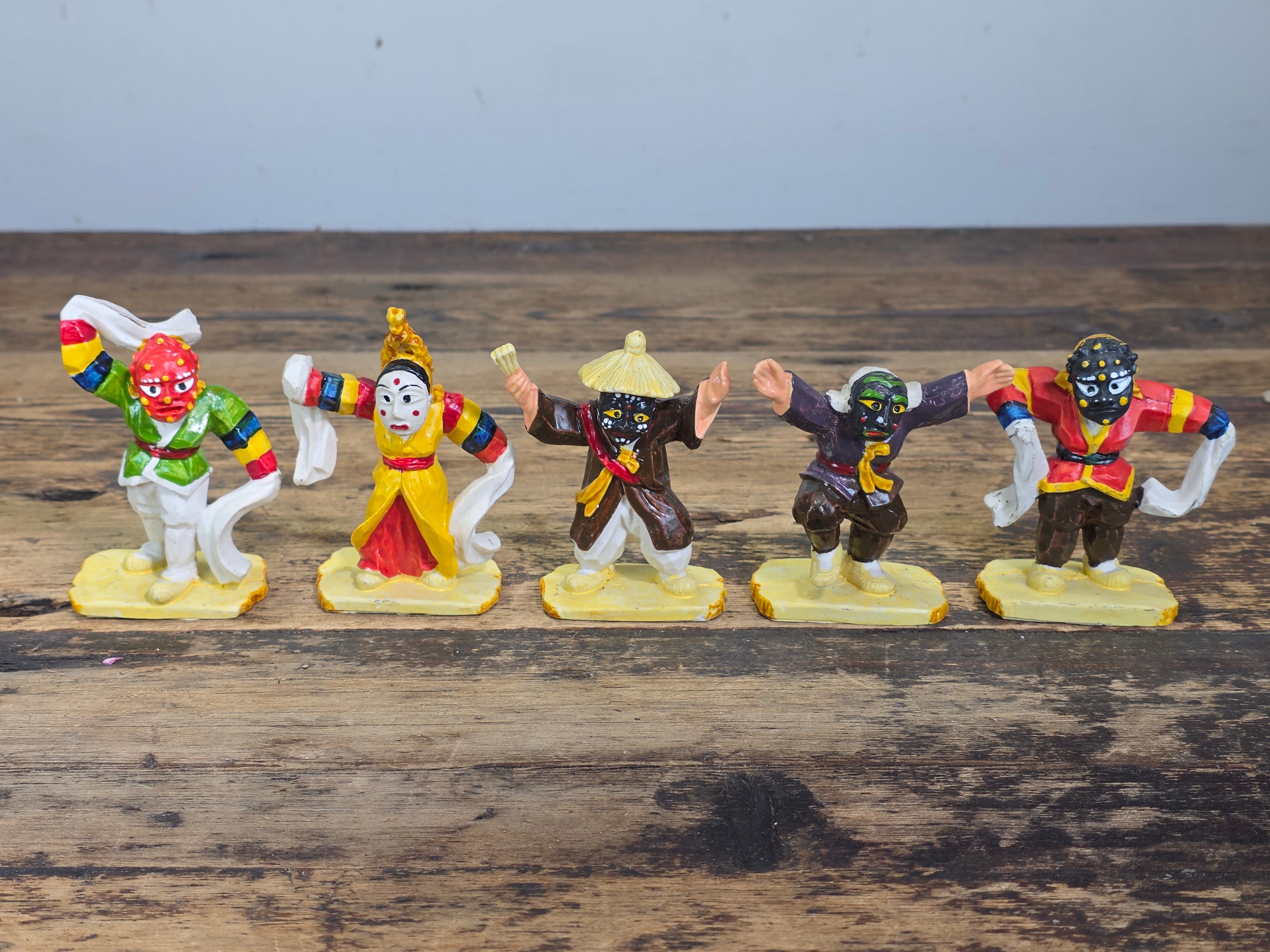 Vintage Korean Bongsan Talchum Mask Dance Figures Hand Painted Folk Art Set of 5