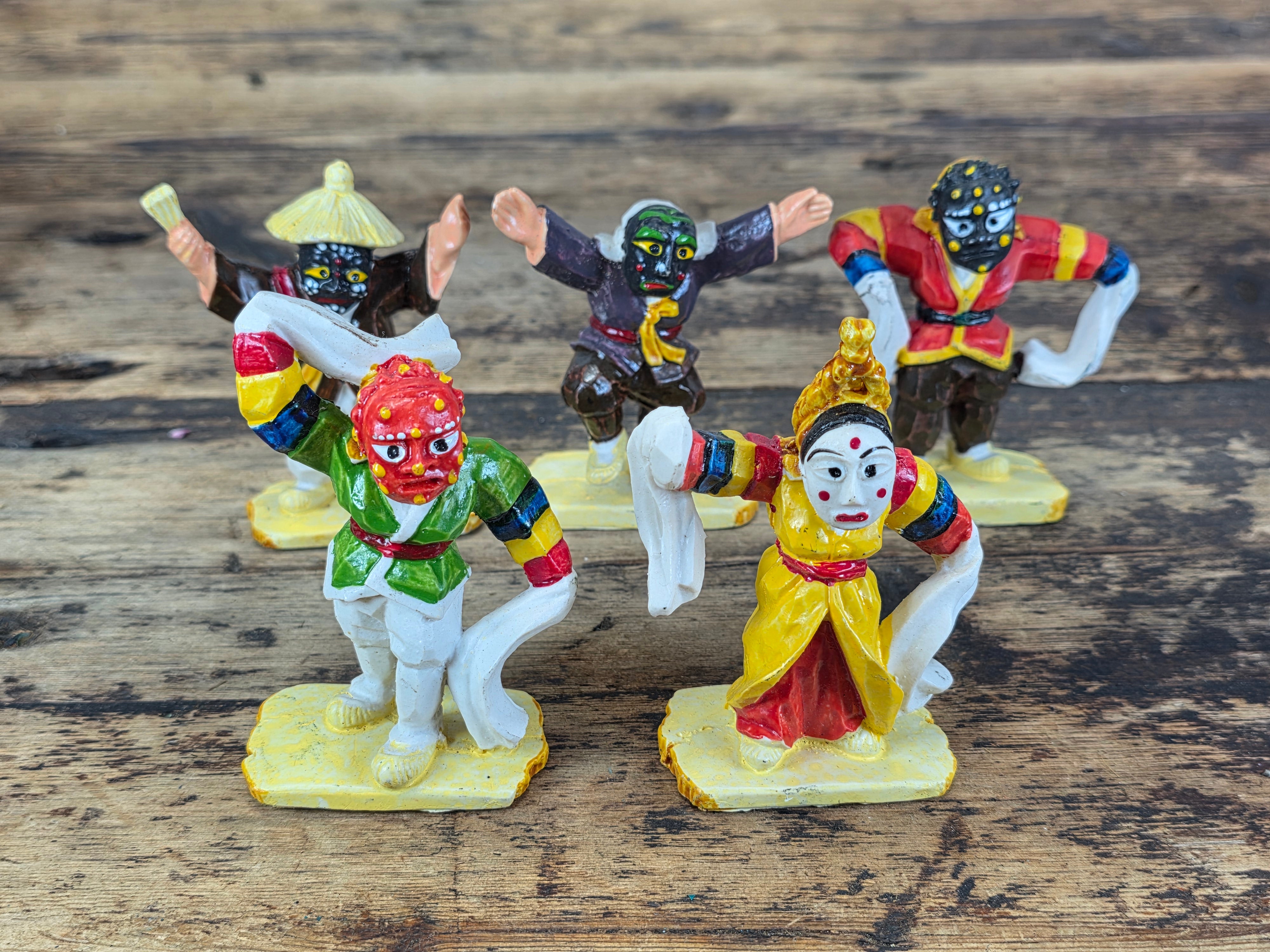 Vintage Korean Bongsan Talchum Mask Dance Figures Hand Painted Folk Art Set of 5
