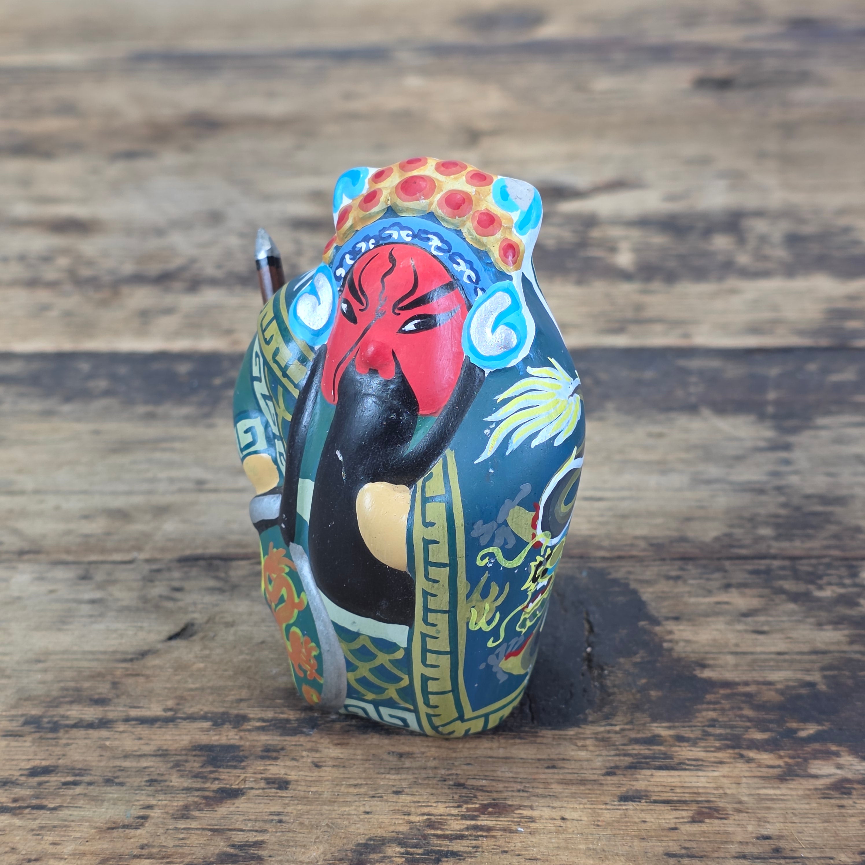 Vintage Chinese Peking Opera Painted Clay Figurine Red Face Warrior Guan Yu