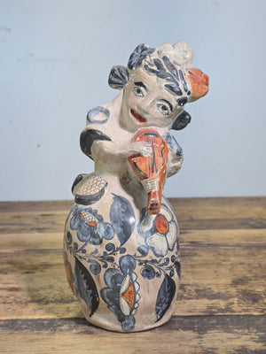 Vintage Tonala Mexico Pottery Musician Violin Figure Folk Art Barro Brunido 9"