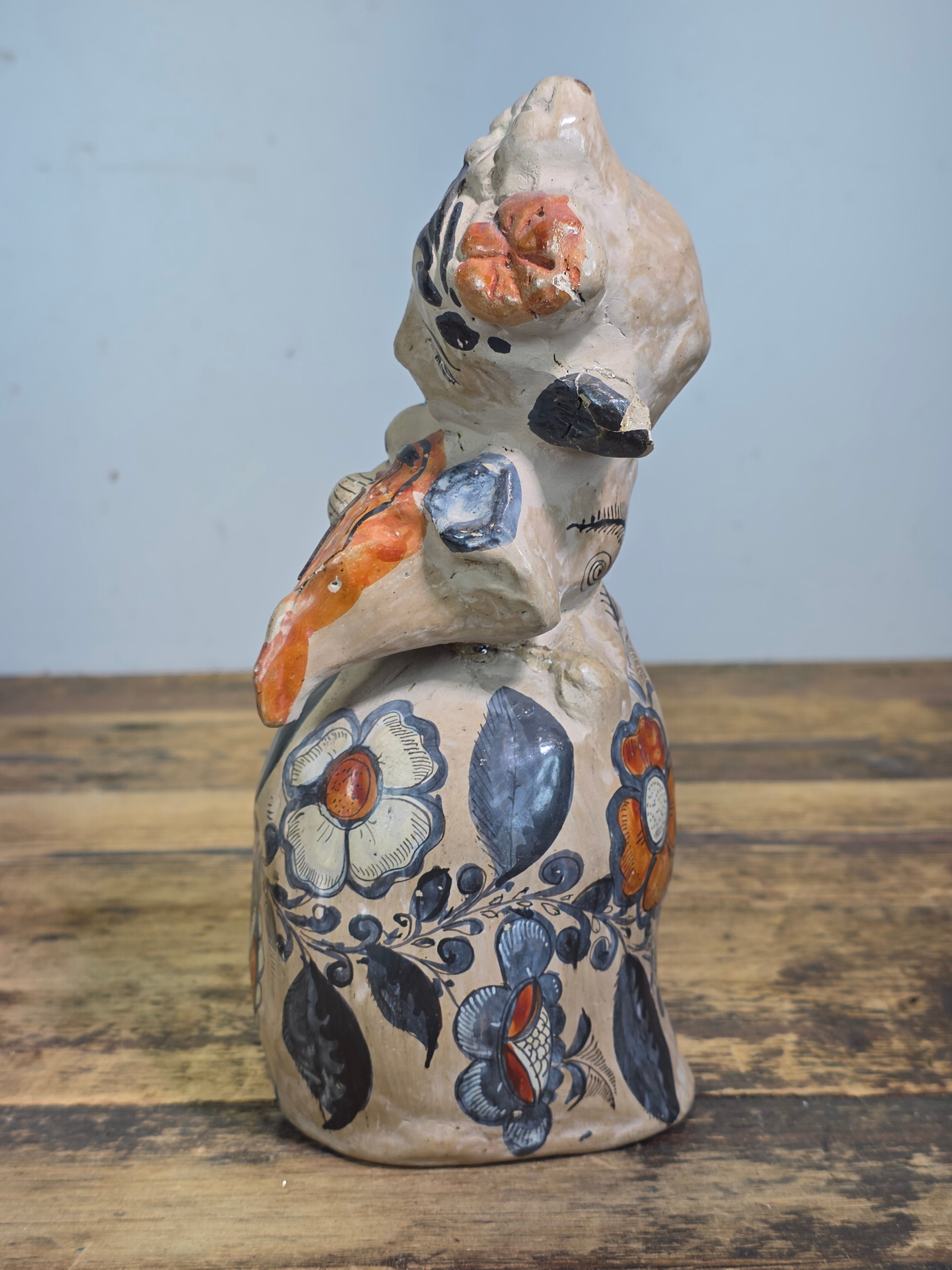 Vintage Tonala Mexico Pottery Musician Violin Figure Folk Art Barro Brunido 9"