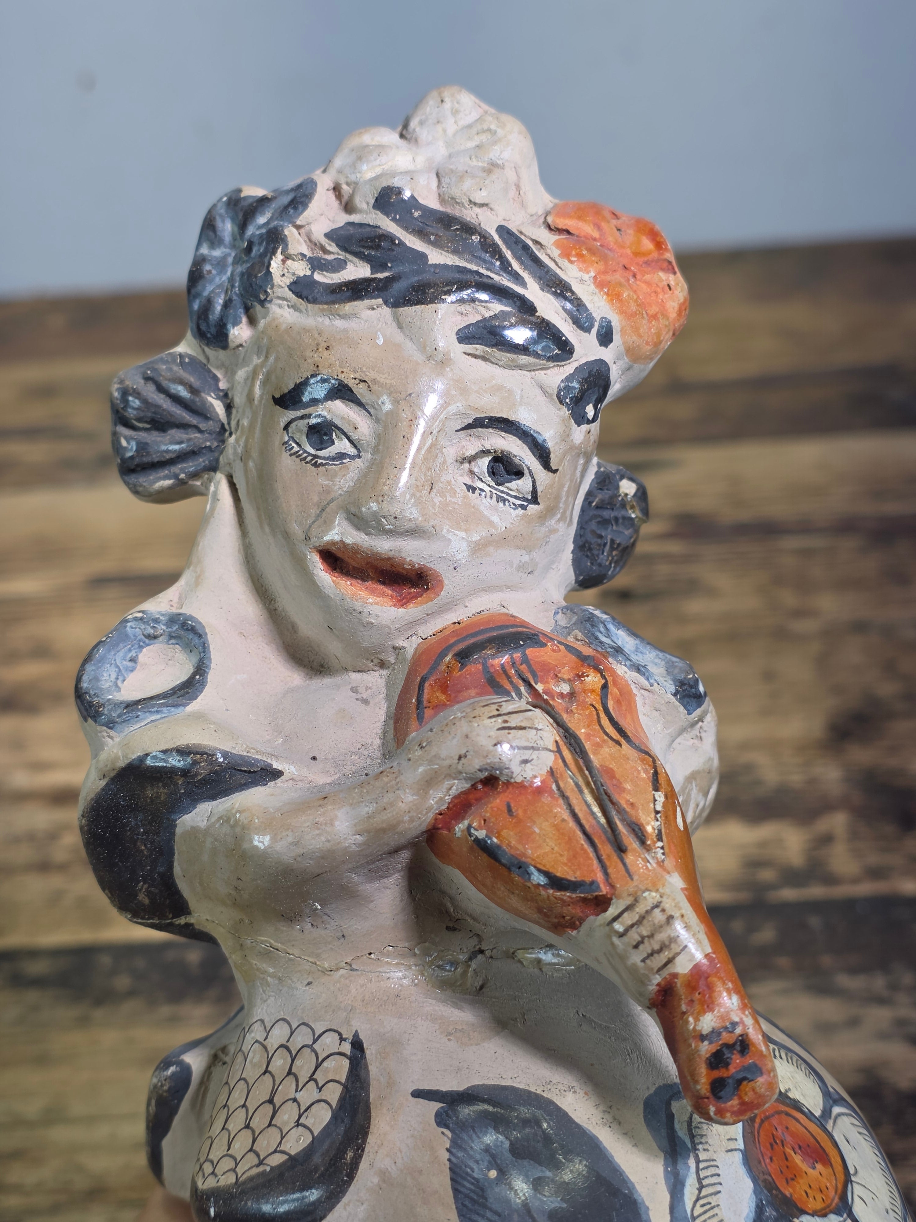 Vintage Tonala Mexico Pottery Musician Violin Figure Folk Art Barro Brunido 9"