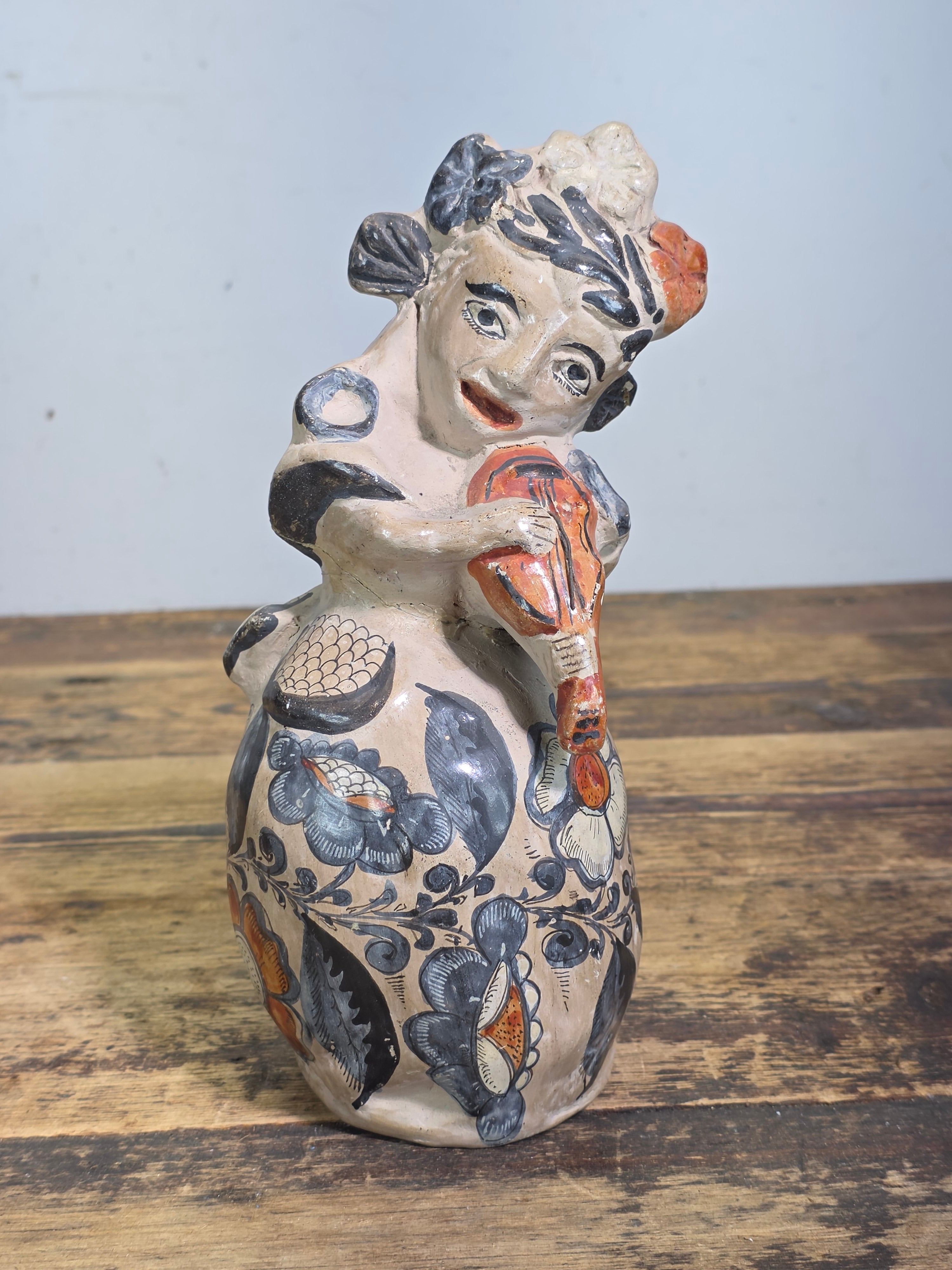 Vintage Tonala Mexico Pottery Musician Violin Figure Folk Art Barro Brunido 9"