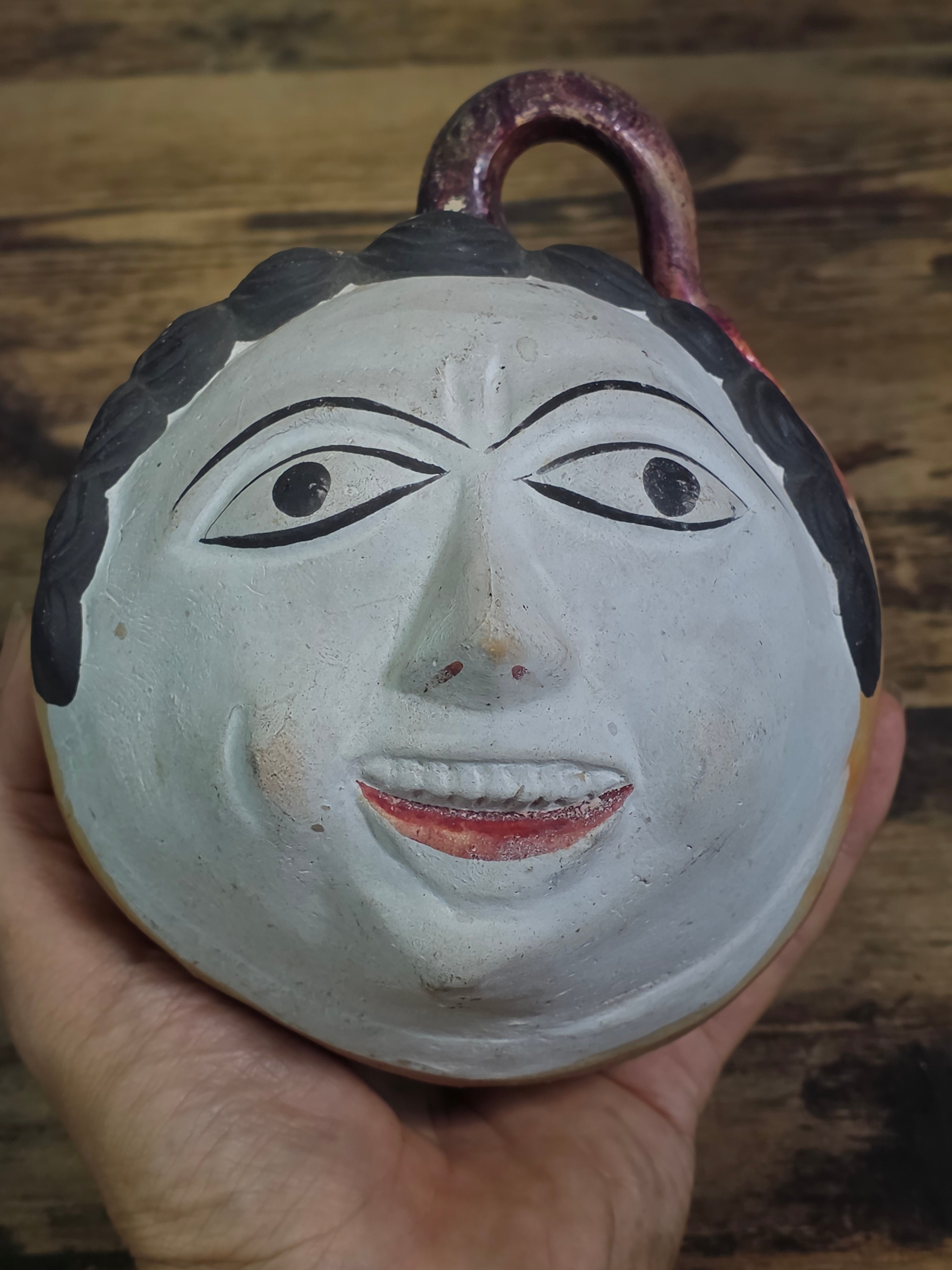 Vtg Mexican Tonala Pottery Face Head Coin Bank Mid Century Folk Art Burnished 6"
