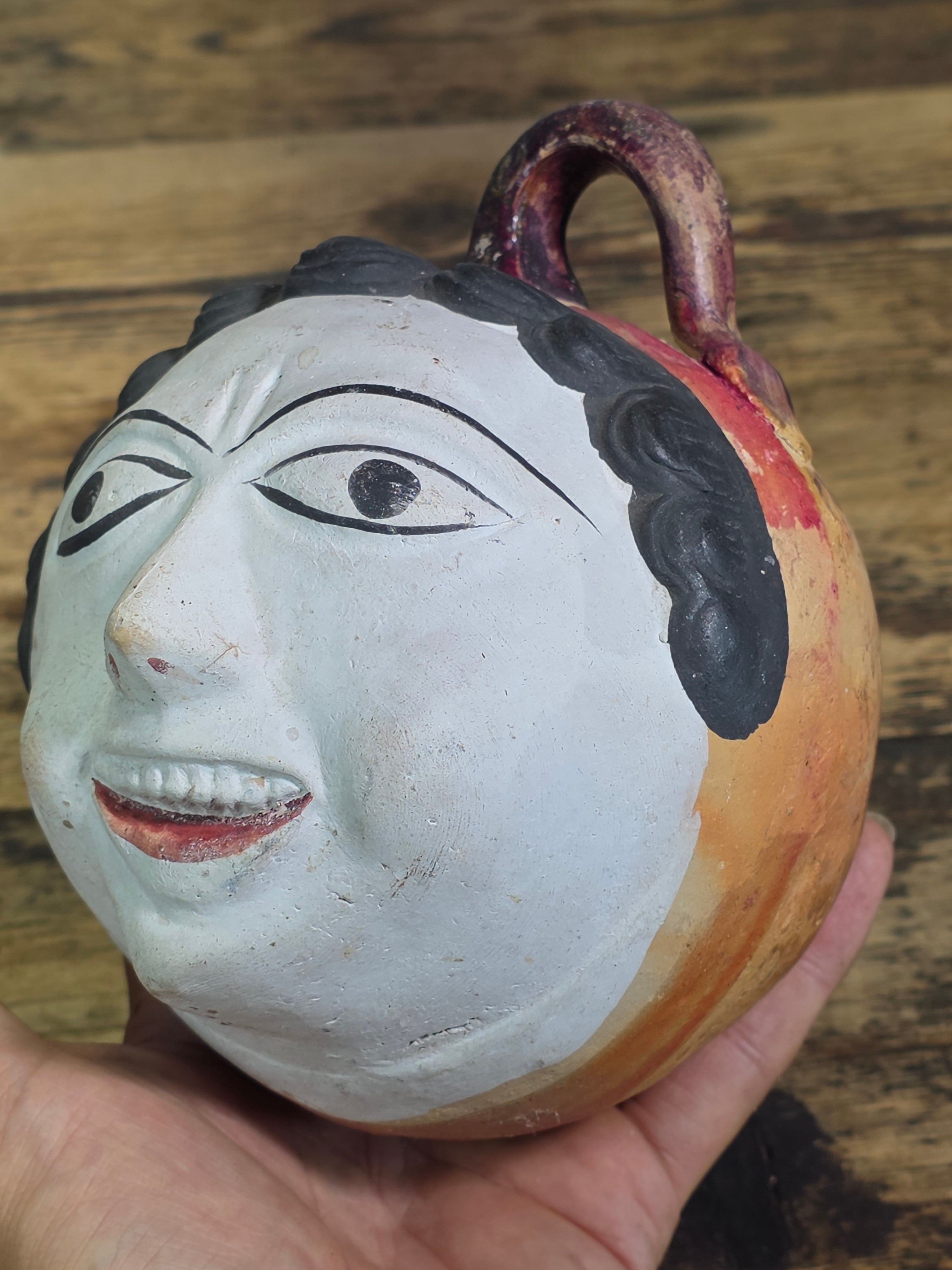 Vtg Mexican Tonala Pottery Face Head Coin Bank Mid Century Folk Art Burnished 6"