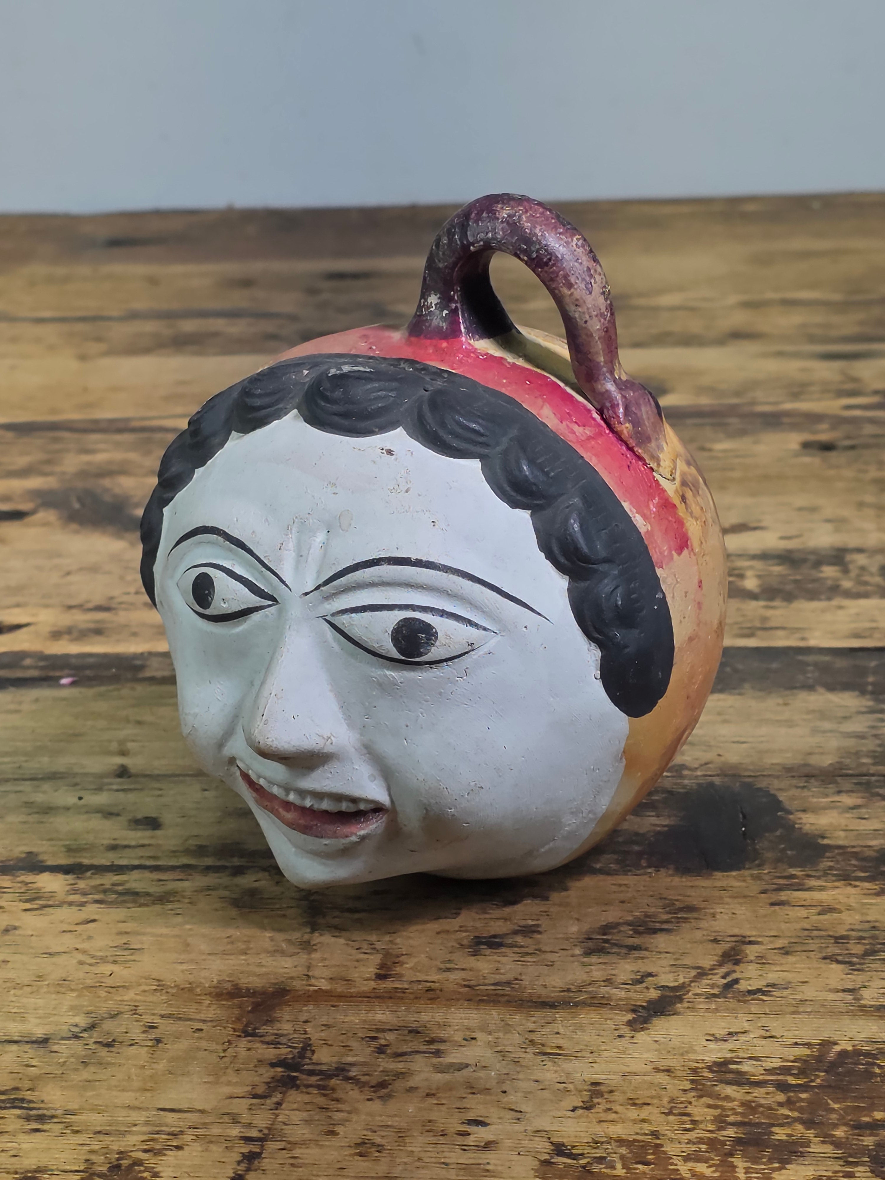 Vtg Mexican Tonala Pottery Face Head Coin Bank Mid Century Folk Art Burnished 6"