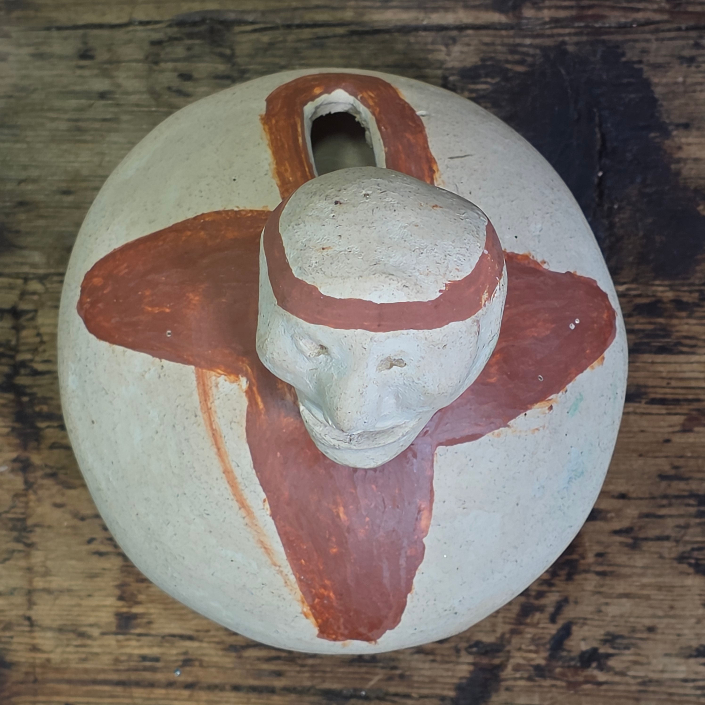 Vintage Mexican Folk Art Terracotta Clay Face Figurine Primitive Coin Bank 4"