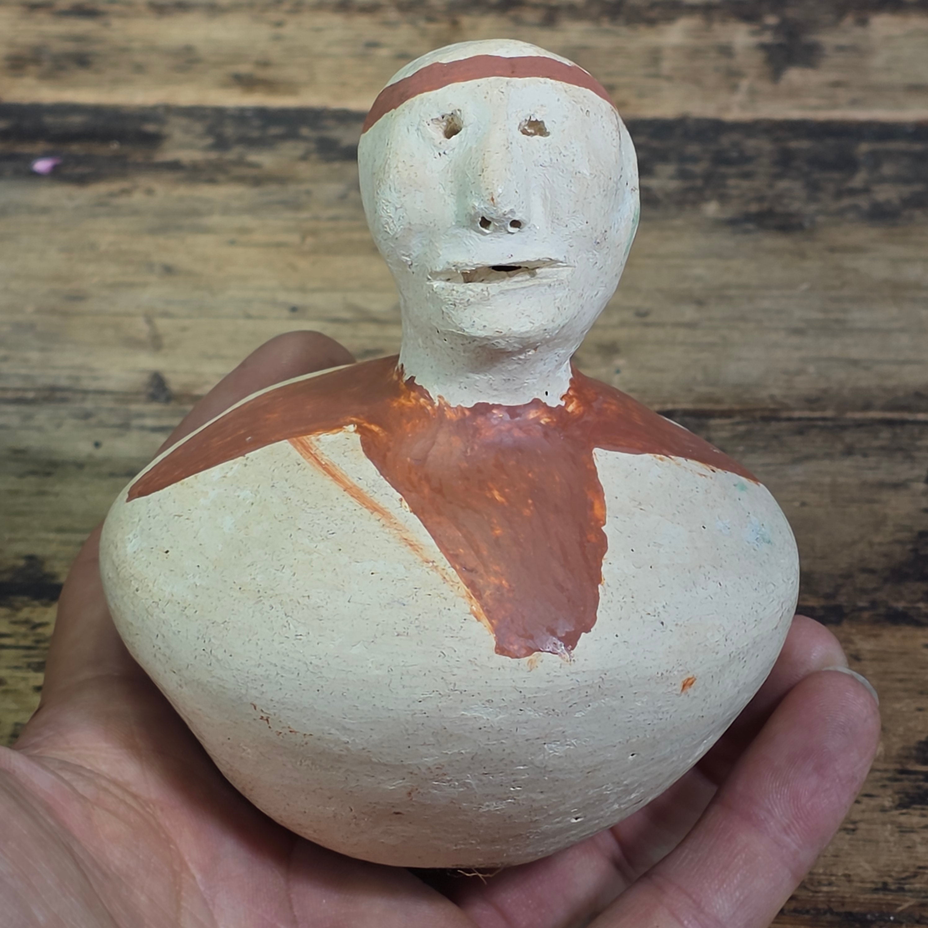 Vintage Mexican Folk Art Terracotta Clay Face Figurine Primitive Coin Bank 4"