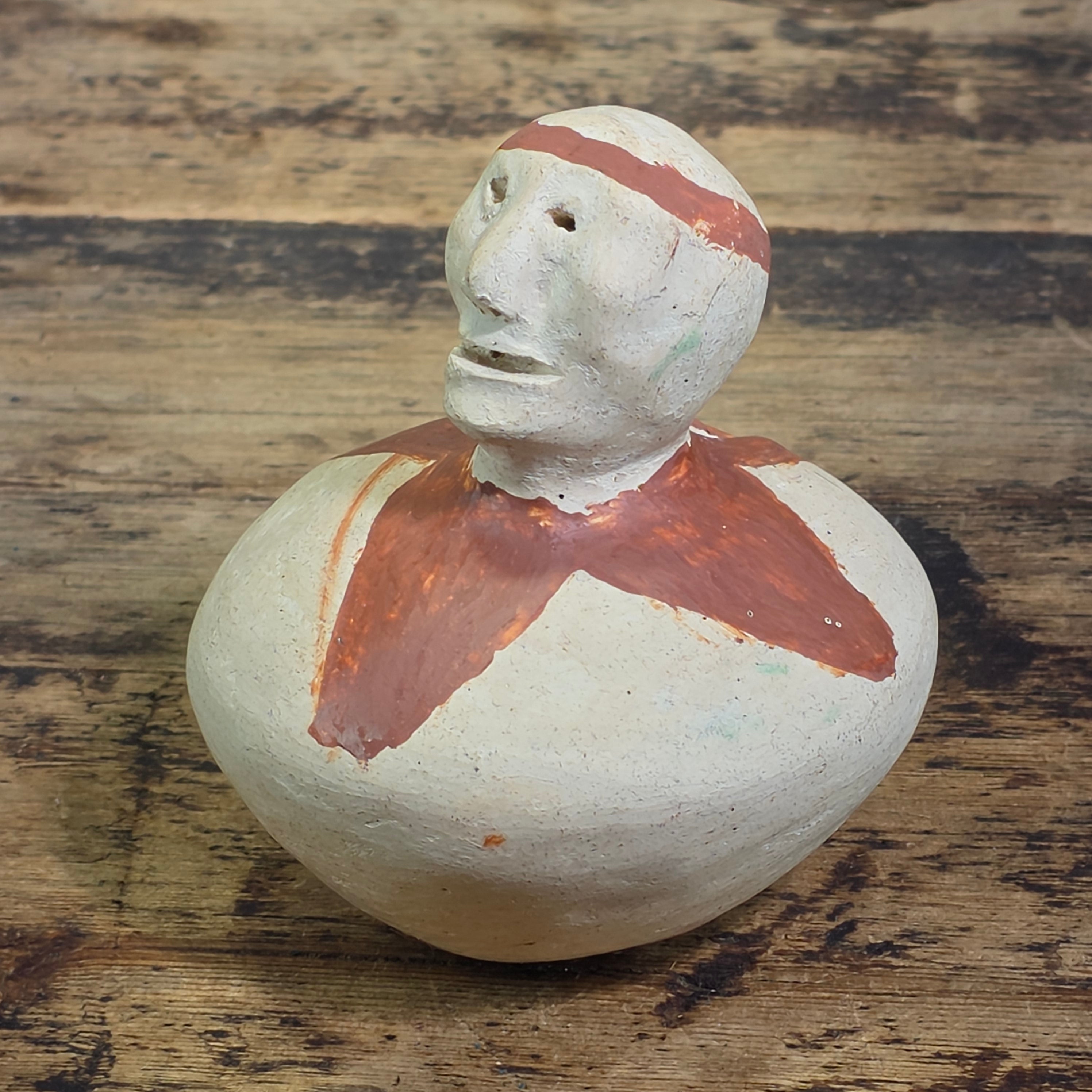 Vintage Mexican Folk Art Terracotta Clay Face Figurine Primitive Coin Bank 4"