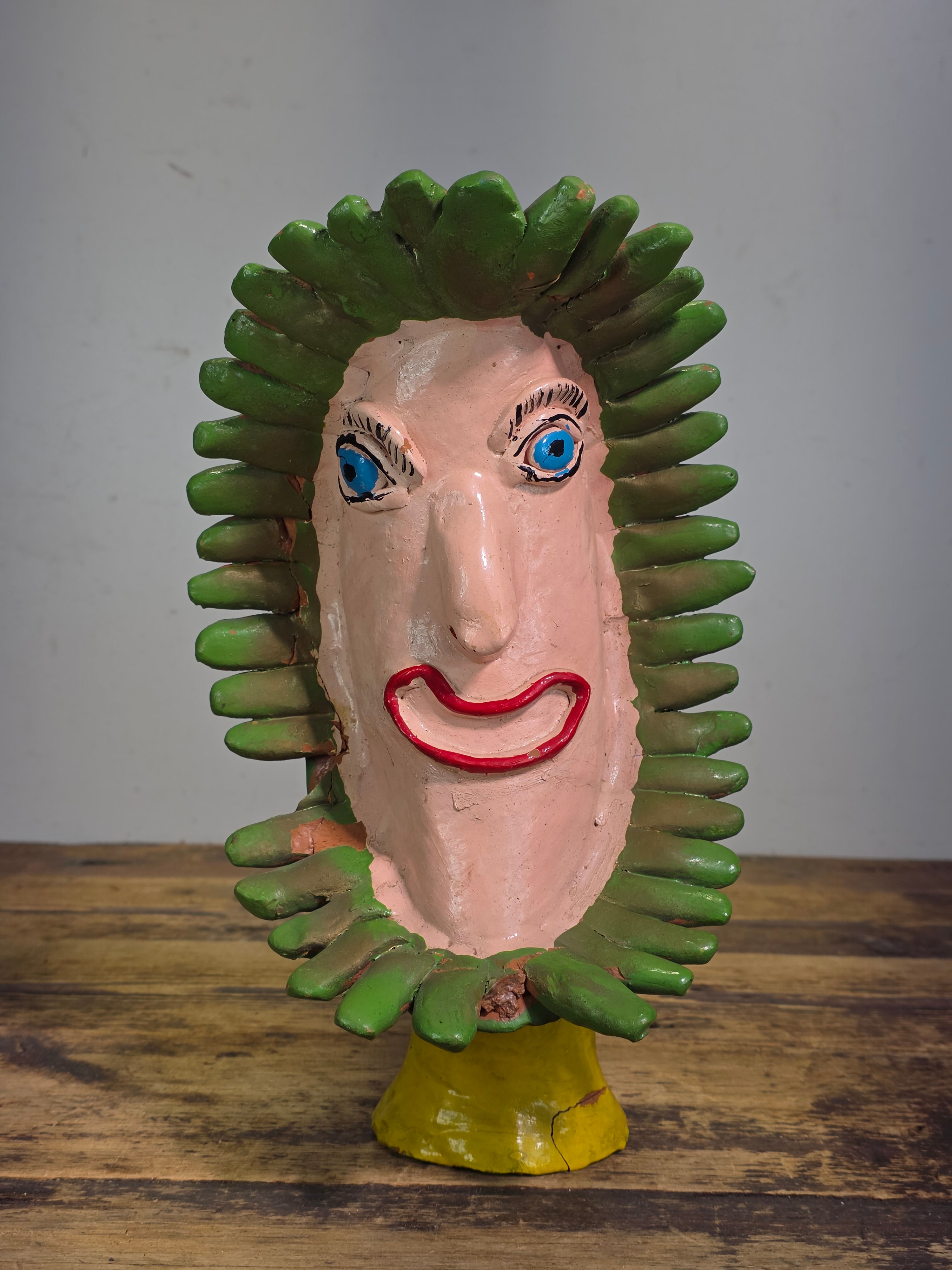 Vintage Ocumicho Mexican Folk Art Pottery Sun Face Coin Bank Surreal Head